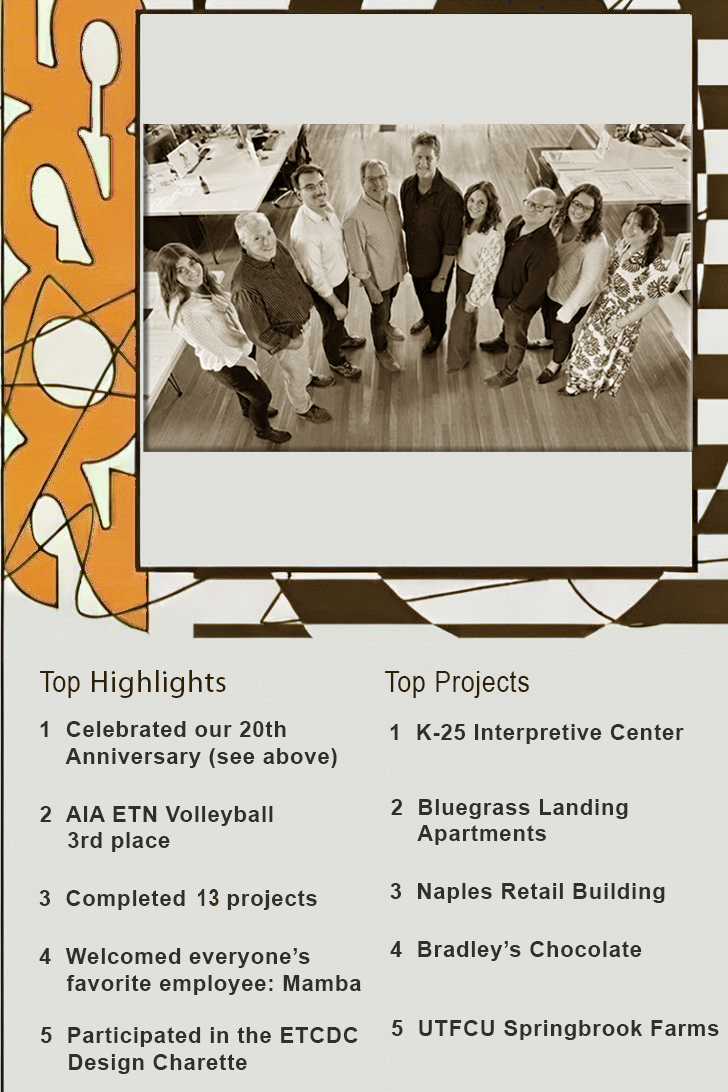 A group of nine people standing in a circle in an office environment, taken from an overhead perspective.