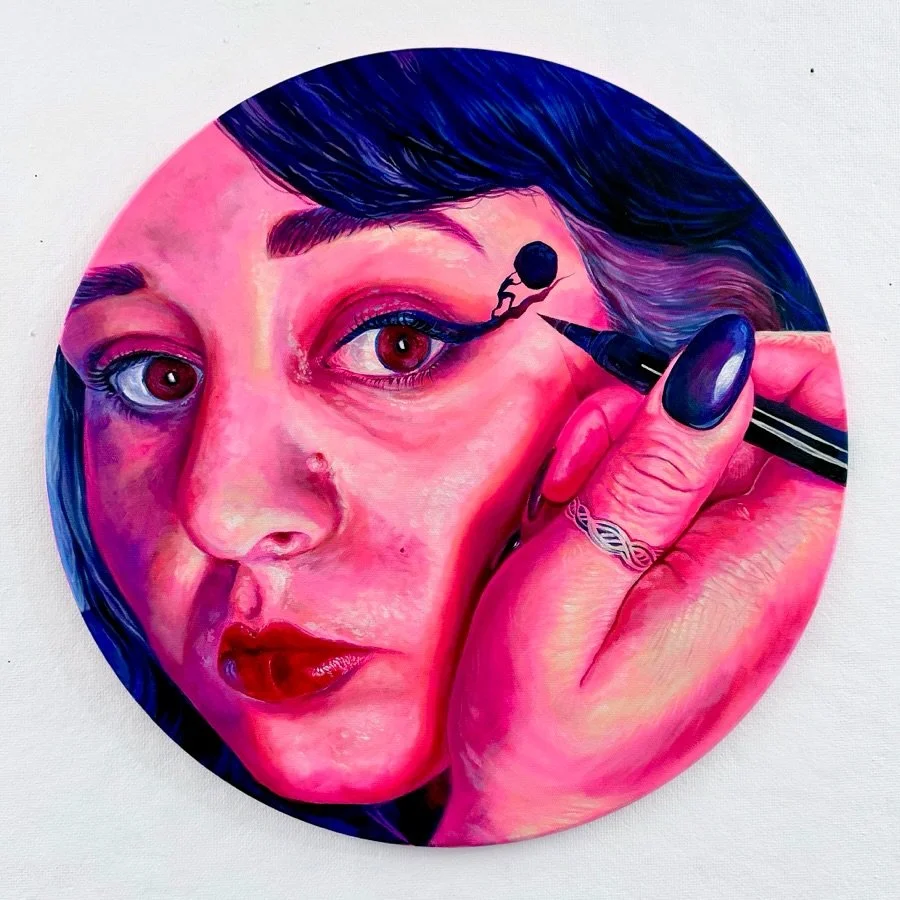 Sisyphus Was a Woman, 2025. Acrylic on canvas, 20&rdquo; diameter.

My first painting since returning to Alfred from D&uuml;sseldorf is a self portrait, and feminist reimagining of the classic Greek myth of Sisyphus. Albert Camus famously wrote, &ldq