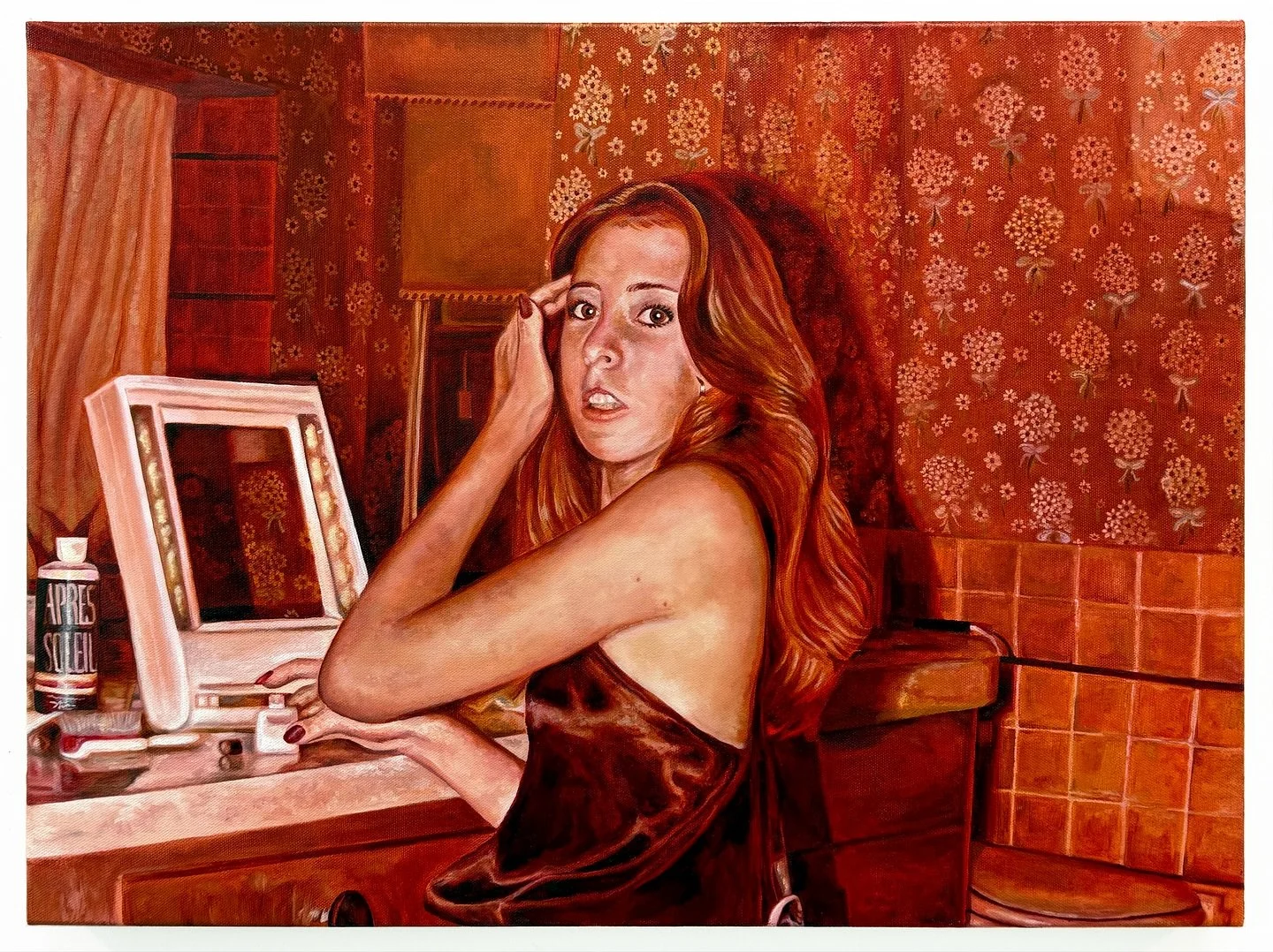 Poise, 2025. Oil on canvas, 60 x 80 cm.

Painted from a found photo of my mom as a teenager, getting ready for a disco party in Miami Beach, Bee Gees era ✨🪩

A meditation on inherited rituals, womanhood, and the quiet performances of beauty.

#oilpa