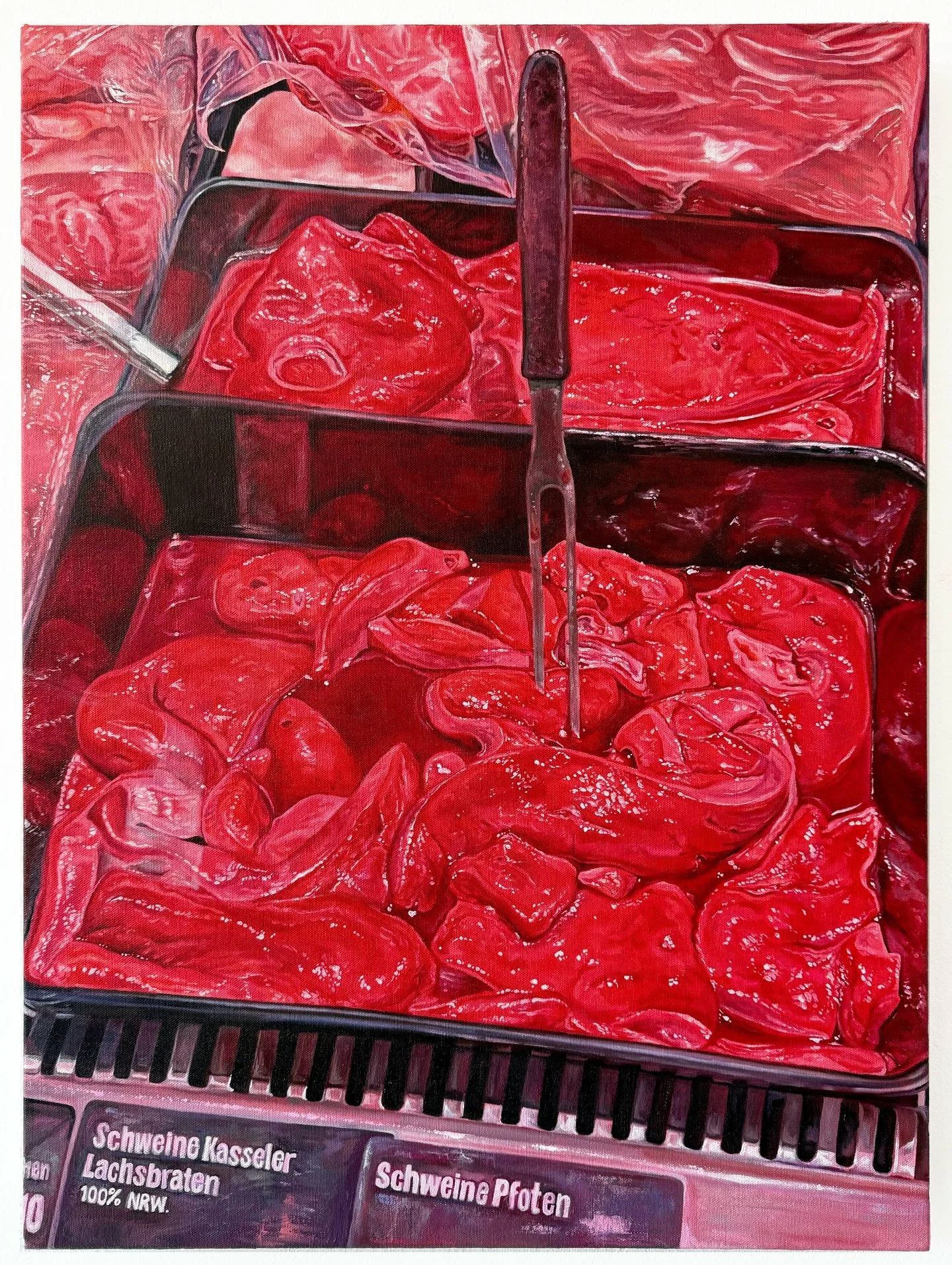 🥩THE BUTCHER, 2025. Oil on canvas, 22&rdquo; x 30&rdquo;  An autopsy of an appetite, painted from a photo taken at a D&uuml;sseldorf Metzgerei. This was super fun to paint, albeit assaulting to the eyes. 

Somewhere between brushstrokes, I caught my