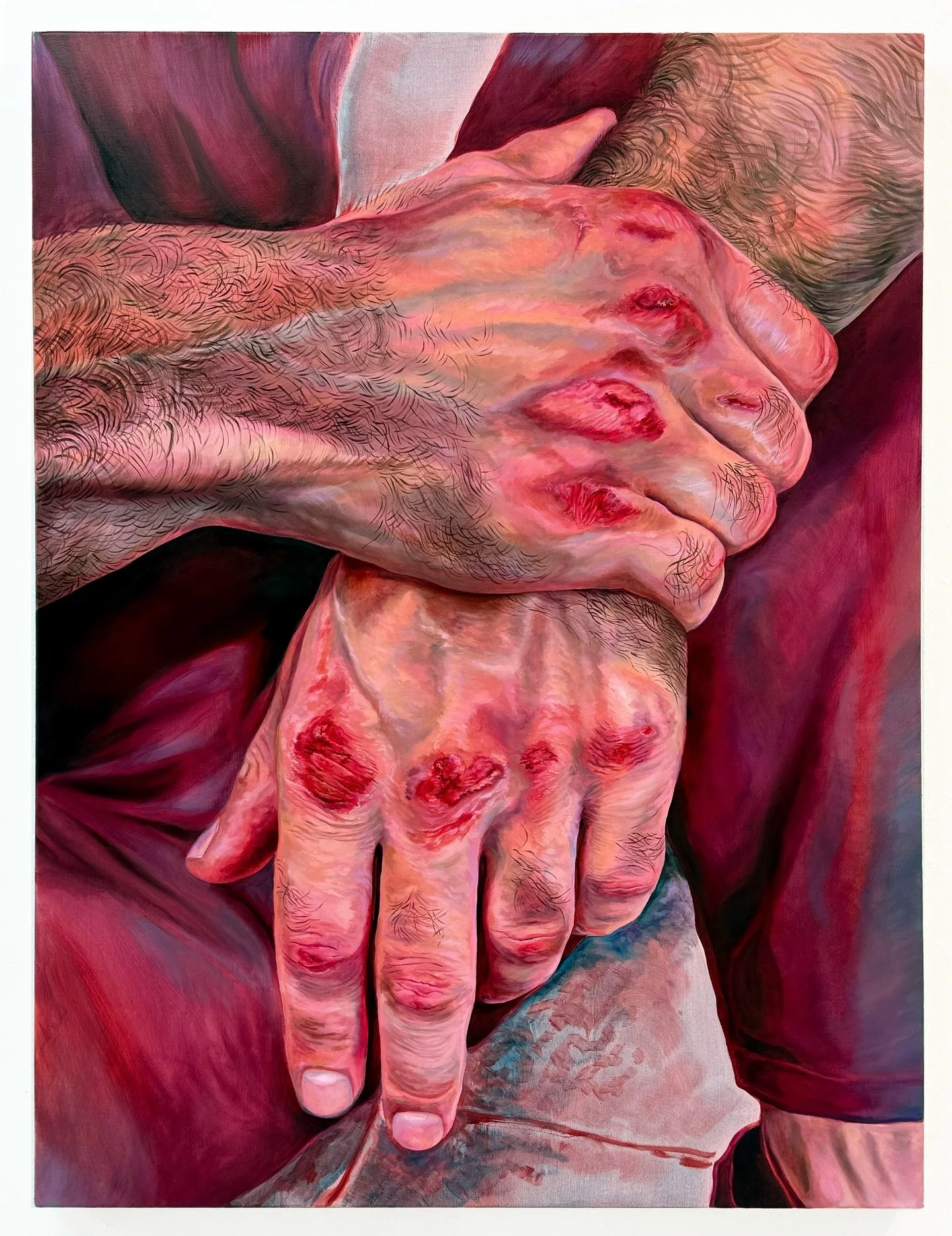 &ldquo;Two Weeks&rsquo; Notice&rdquo;, 2025. Oil on canvas, 90 x 120 cm

A little bit of trompe l&rsquo;oile: I had to teach myself sfx makeup for this one, but it&rsquo;s based on a real story. Shoutout to @sean.baker95 for letting me re-bruise his 