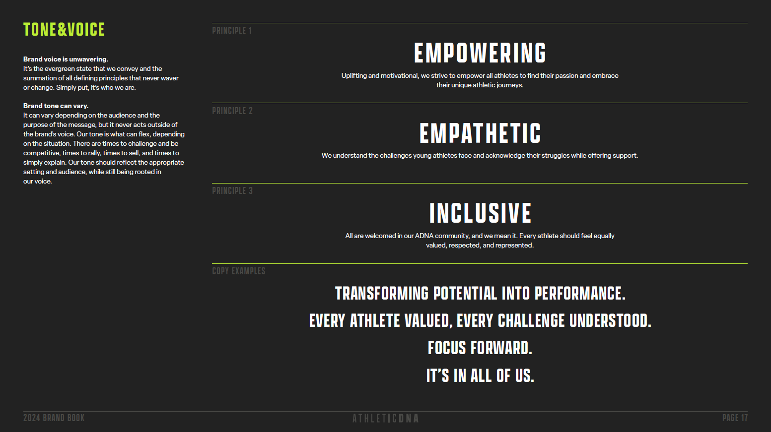 A page from a brand book contains principles of tone and voice for the ADNA athletic community, including empowering, empathetic, and inclusive messaging, with sample copy emphasizing transformation, value, challenge, and unity.