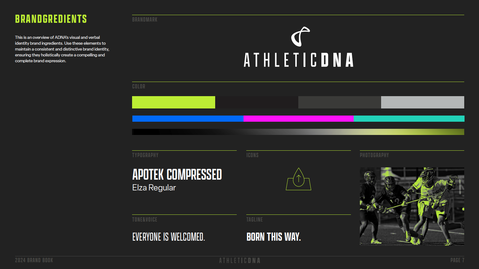 A brand identity overview page for ADNA featuring the brand name, a logo, a color palette with bright yellow, blue, pink, black, gray, and green shades, typography details with the font name and style, icons, and a photograph of a sports team in acti
