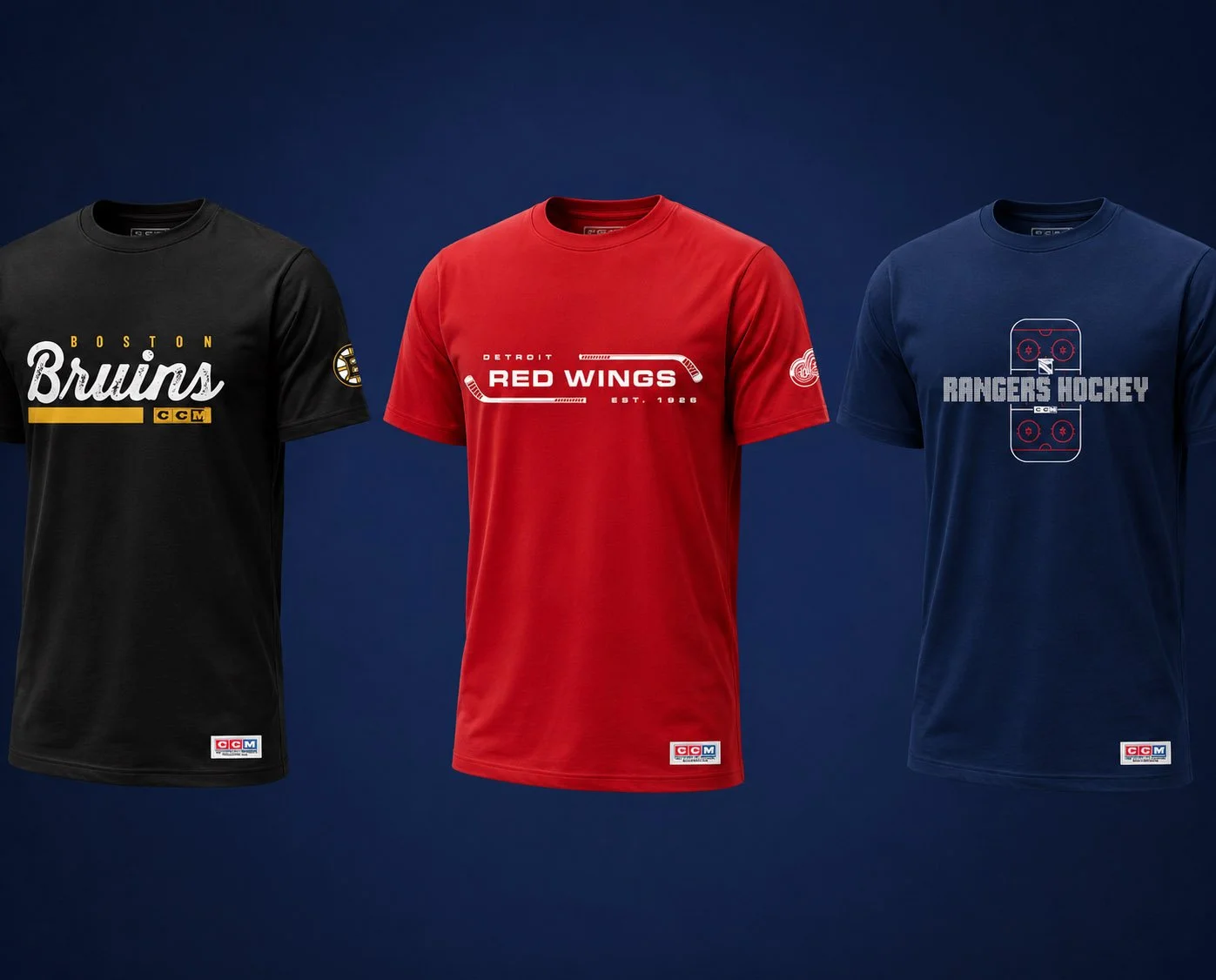 Three hockey t-shirts on display against a dark blue background; the middle red jersey features 'Detroit Red Wings' logo, the left black jersey has 'Boston Bruins' logo, and the right blue jersey displays 'Rangers Hockey' logo.