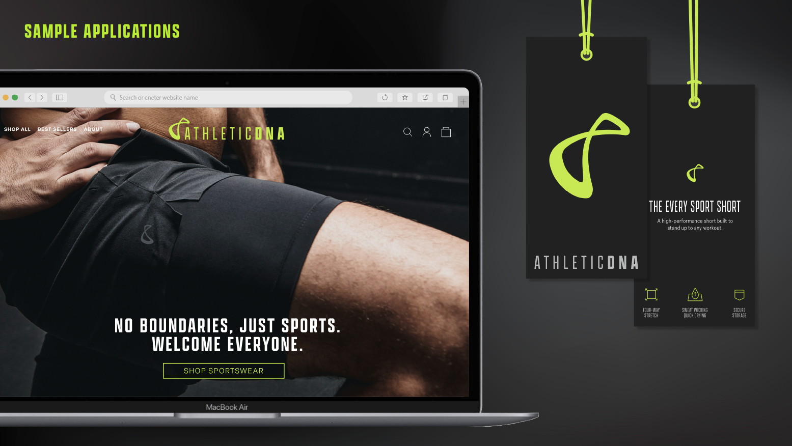 A laptop displaying an online store for athletic wear, with promotional tags hanging on a dark background.