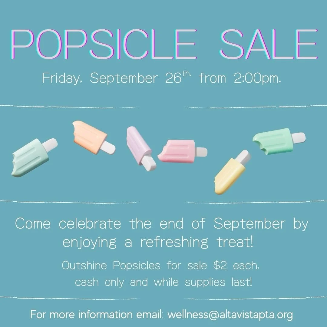 Join us for our first Popsicle Friyay of the school year! 🎉 Our Wellness Council will be selling popsicles for $2 each (cash only) while supplies last.

Friday, 9/26, starting at 2:00 pm

Plus - your last chance to pick up Carnival wristbands before