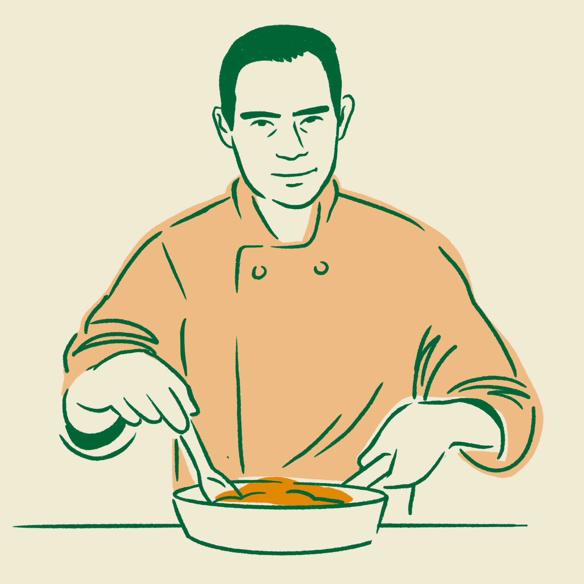 Illustration of a chef in an orange coat stirring a bowl of food.