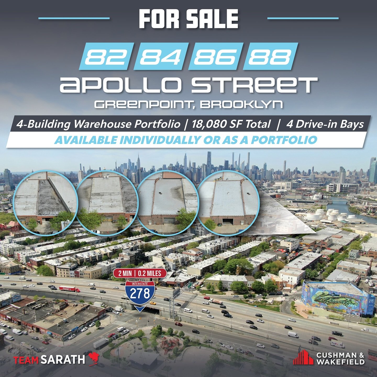 For Sale | 4-Building Warehouse Portfolio
📍 82/84/86/88 Apollo Street, Greenpoint, Brooklyn

&bull; 18,080 SF across four contiguous single-story warehouses
&bull; 197&rsquo; of Street Frontage
&bull; Each Building has its own drive-in loading bay
&