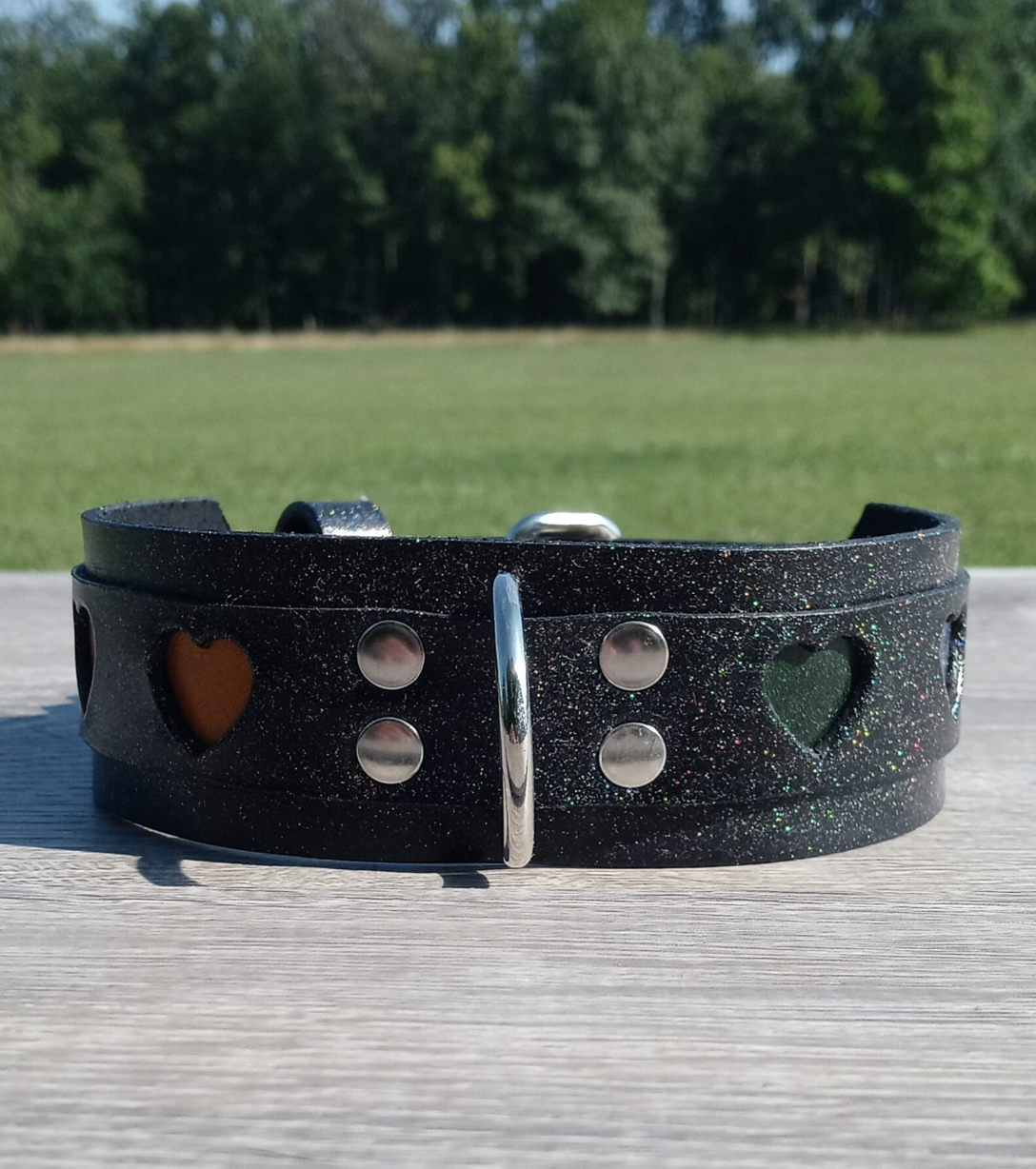 Black Leather Rainbow Heart Collar
