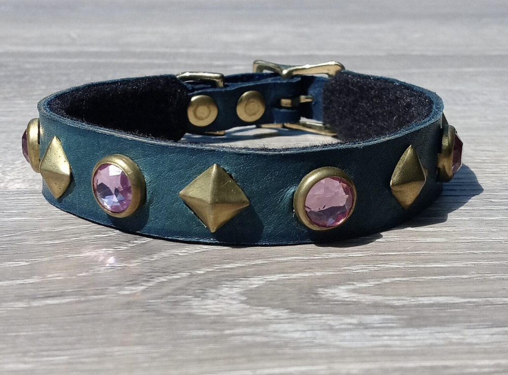 Blue Leather Collar with Round Brass Spots Pink Stone For Toy