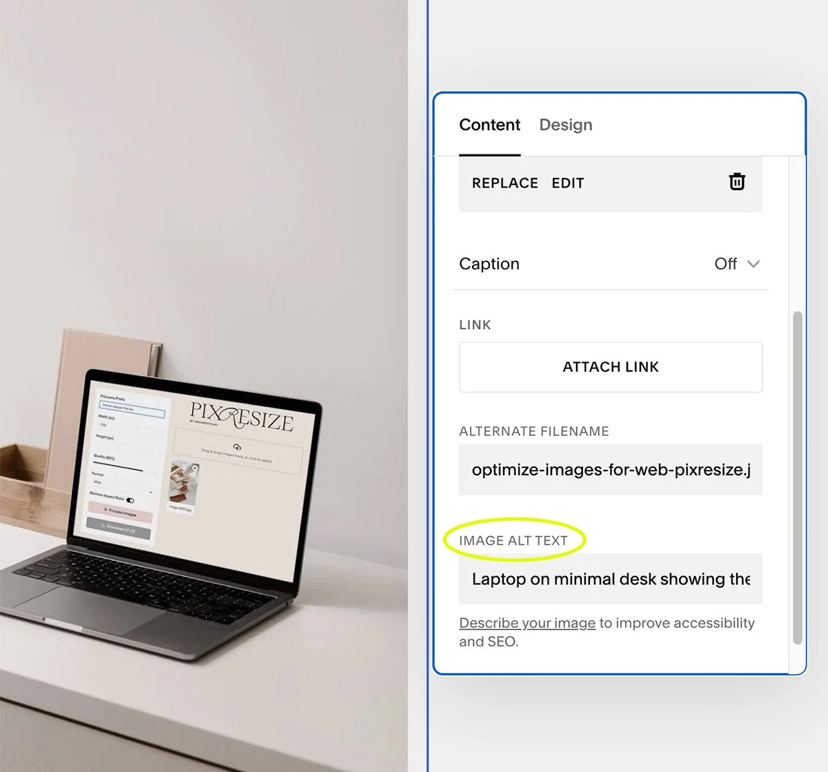 Screenshot of how to add Alt Txt to an image in Squarespace