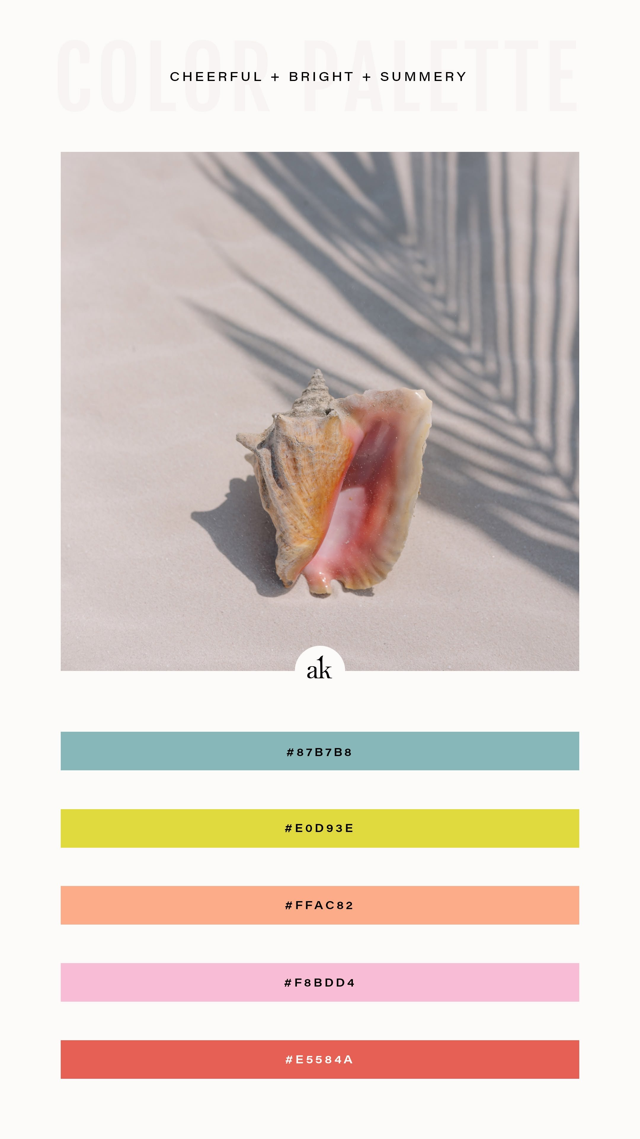 a cheerful and bright summer color palette of blue, chartreuse, melon, pink, and red inspired by a conch shell