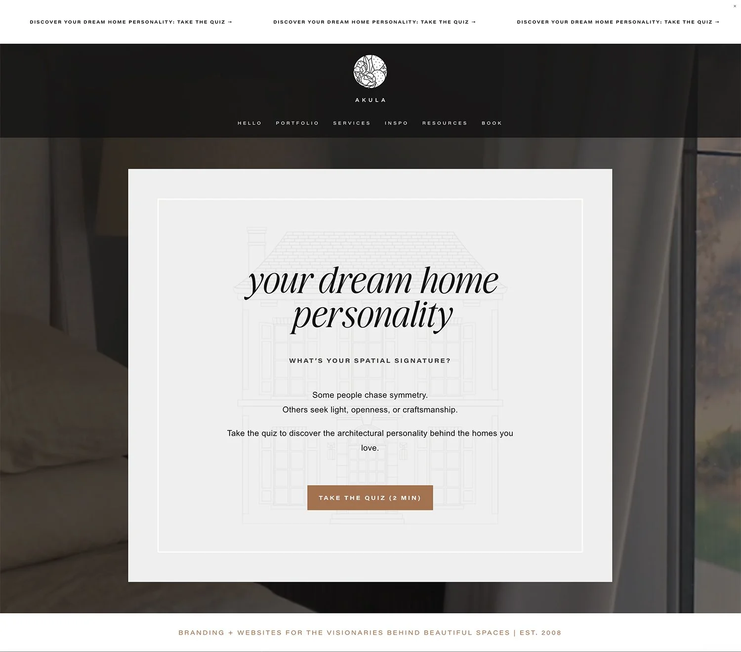 screenshot of a website showing a quiz pop-up that reads "your dream home personality"