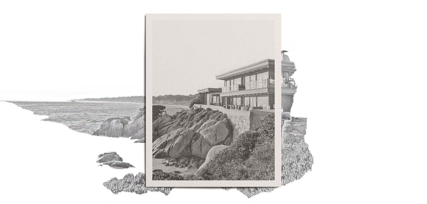 sepia photograph of a luxury home on the CA coast with a sketch of the scene underneath