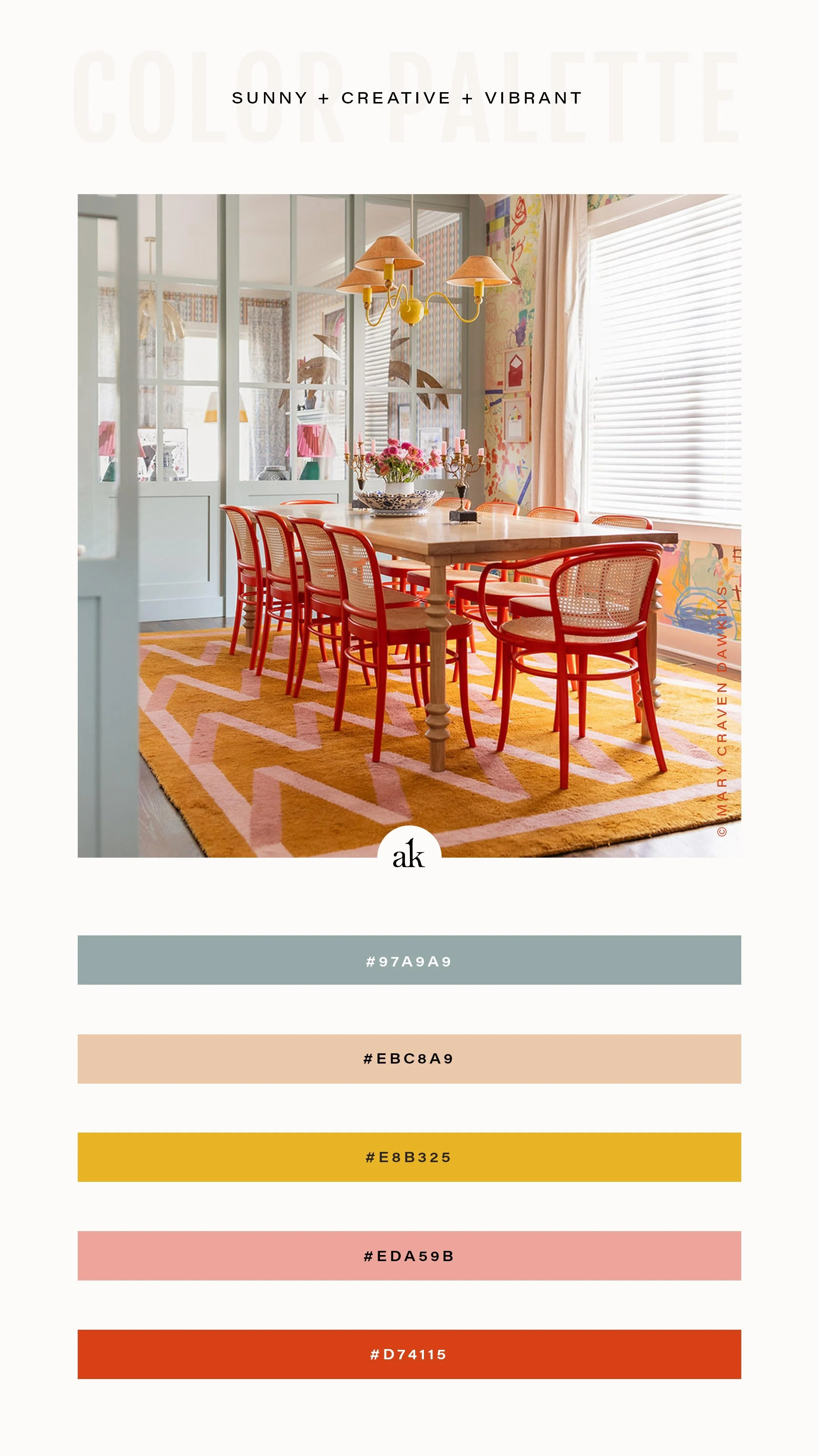 Bright, colorful dining room with red chairs, a warm wood table, a mustard and pink rug, yellow chandelier, patterned wallpaper, and soft pastel architectural details, paired with a sunny, creative color palette of blue, red, pink, and yellow