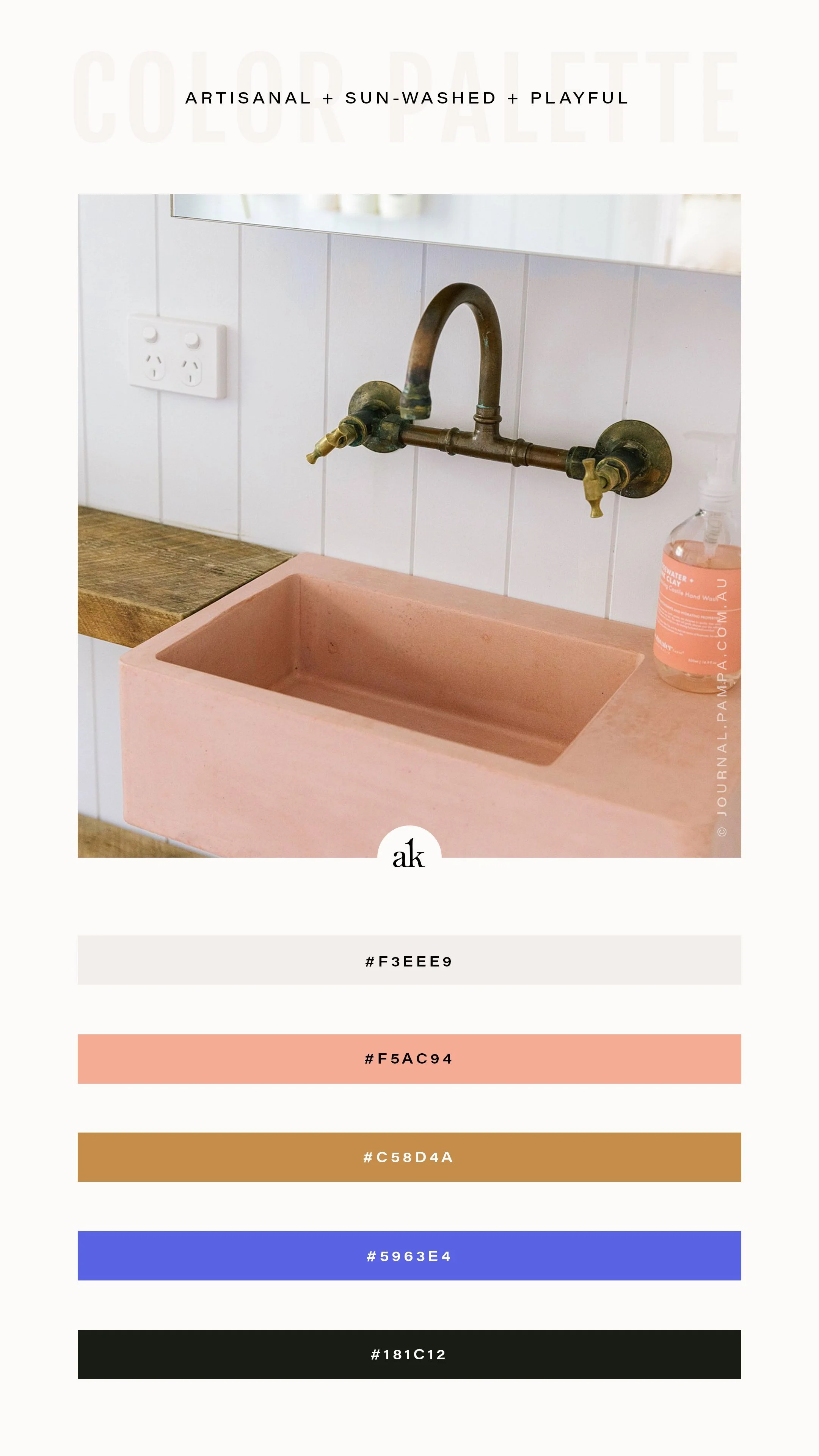 A warm, earthy color palette inspired by a blush-toned sink with brass fixtures, featuring soft cream, grapefruit pink, ochre brown, periwinkle blue, and black swatches.
