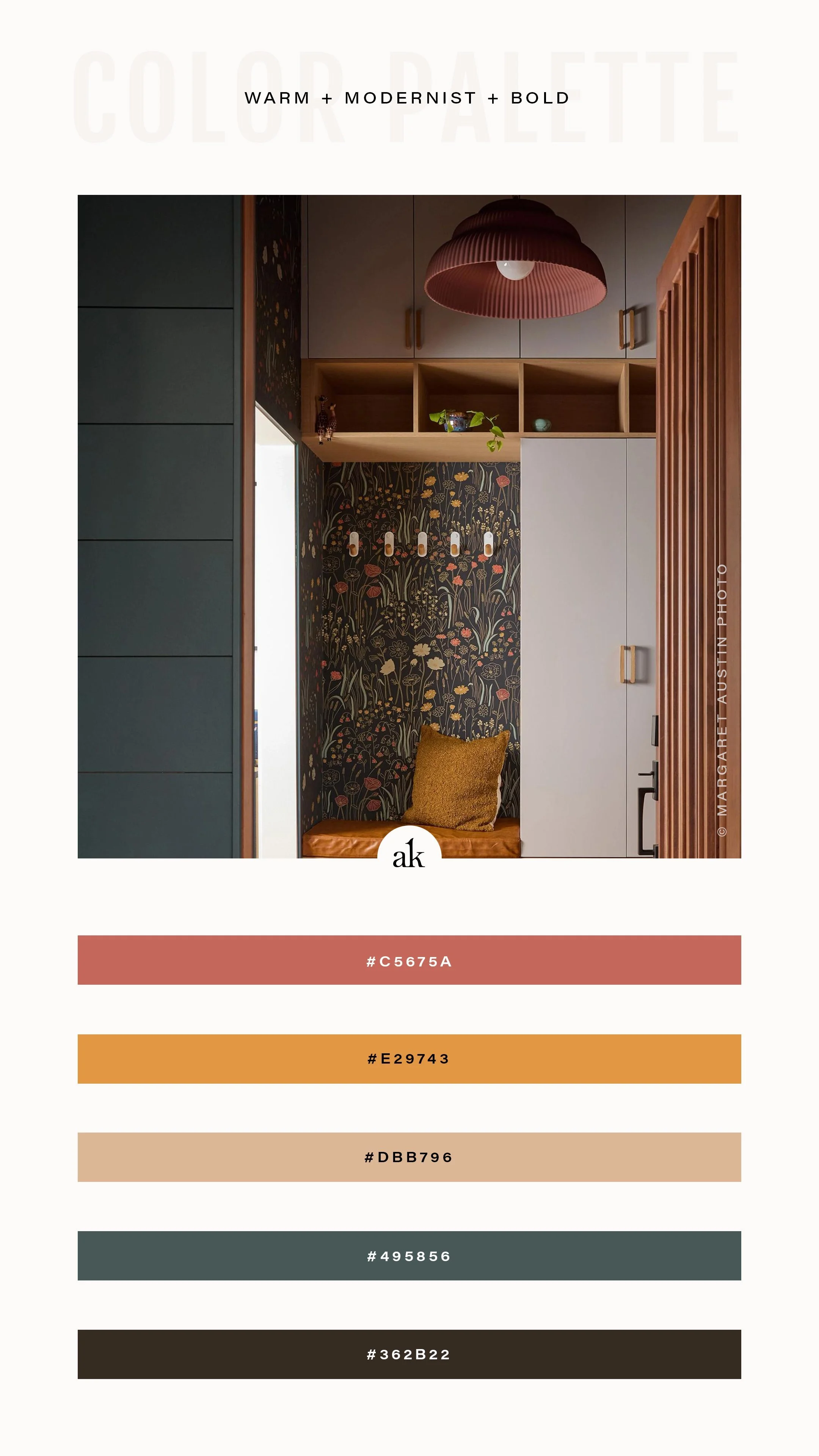 Warm modernist interior vignette featuring a floral wallpaper niche, rust pendant light, built-in cabinetry, and a layered color palette of clay red, ochre, beige, deep green-gray, and dark brown.