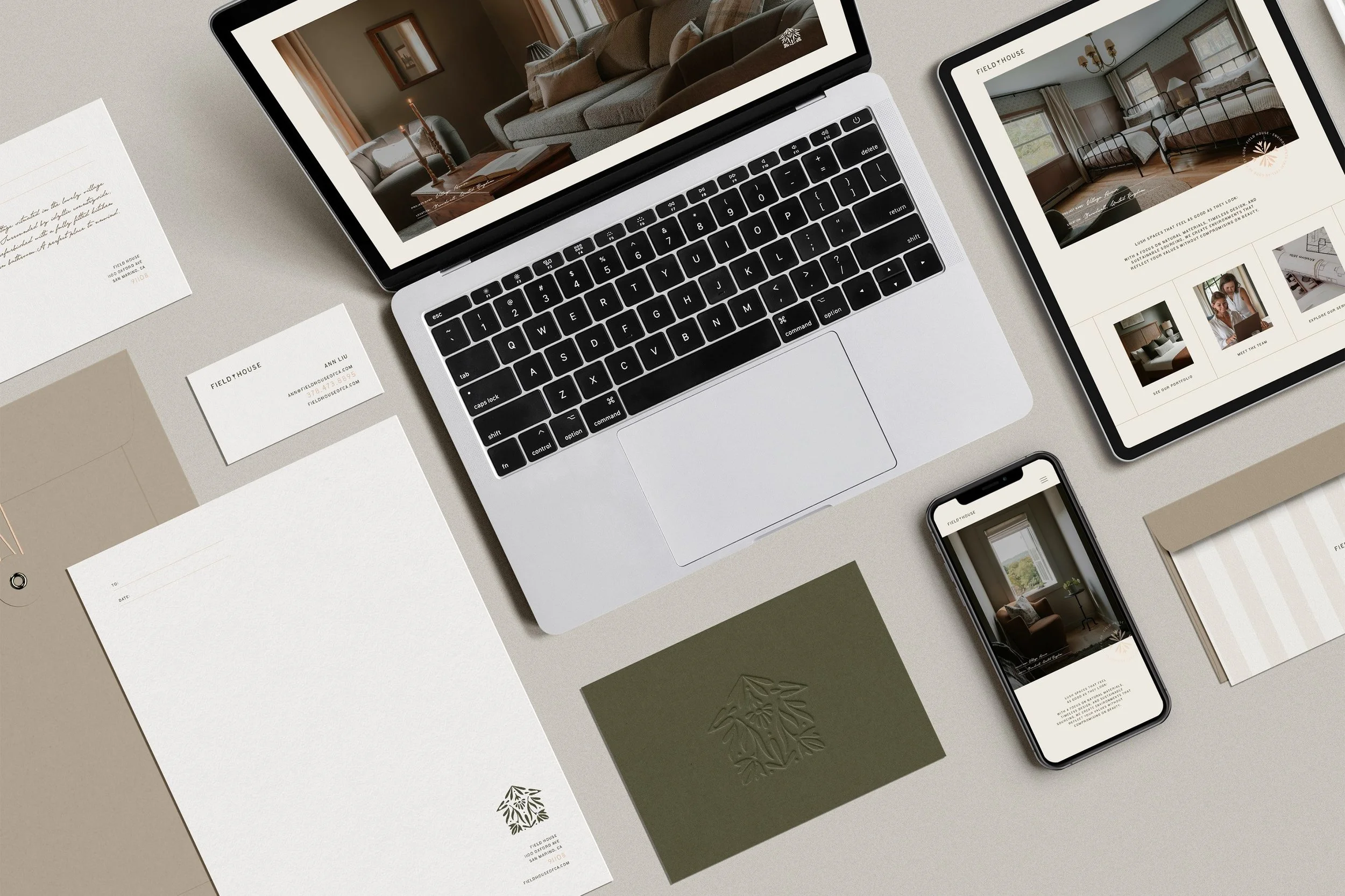 flat lay mockup of full branding suite for an interior design firm in natural, serene colors