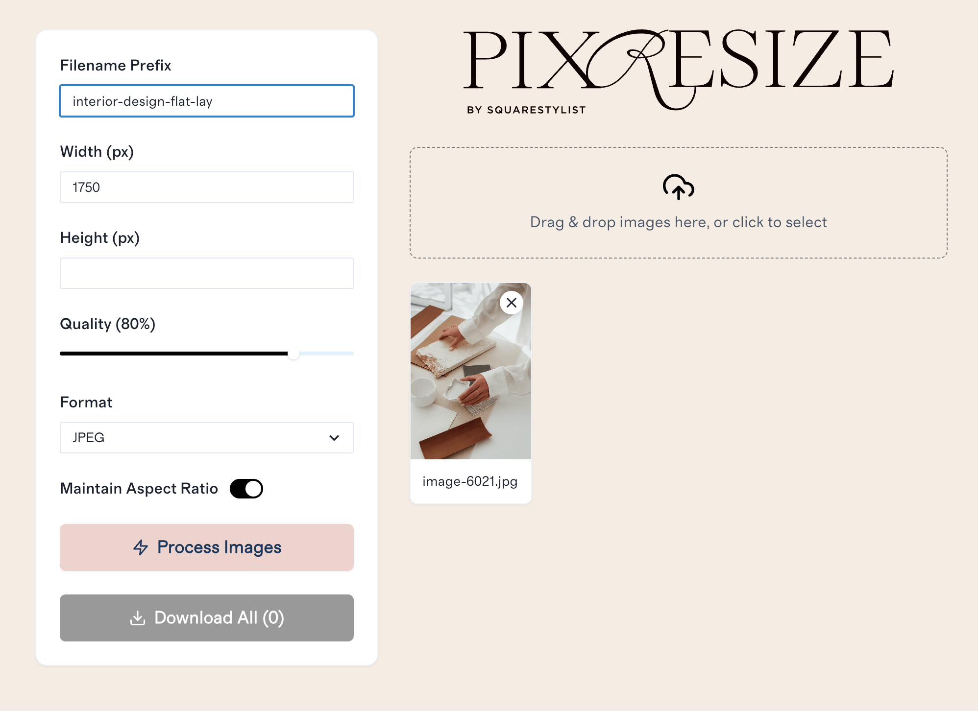 Screenshot of PixResize with specs shown