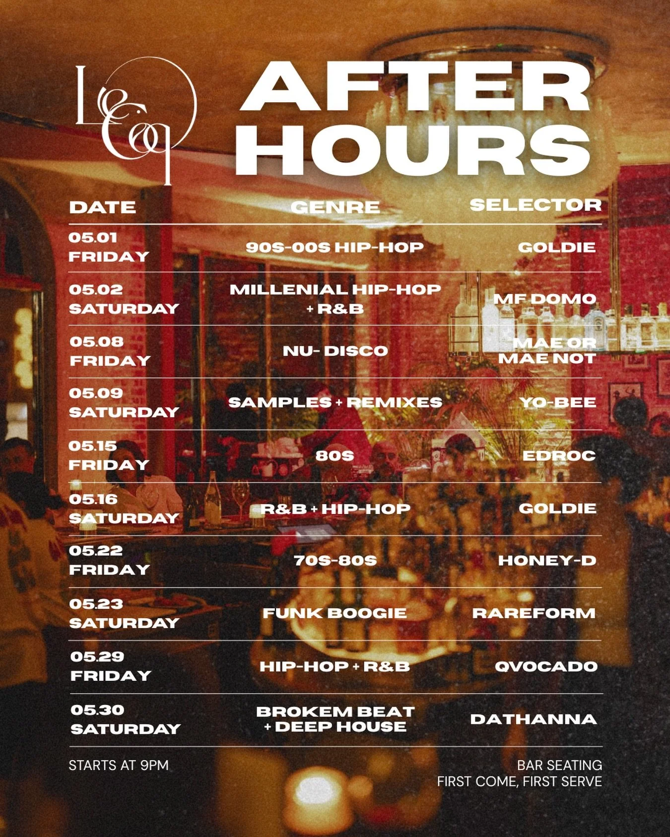 Different sounds, same late-night energy. May at Le Coq hits every mood.