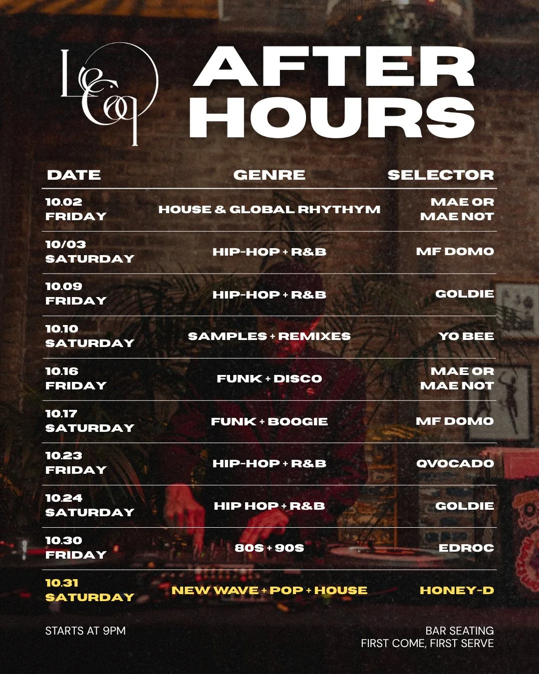 October After Hours, with a Halloween finale. 🪩 Fridays &amp; Saturdays at 9pm, then we&rsquo;re closing out the month with costumes, late-night bites, drinks, and a very good reason to party with us in La Jolla.