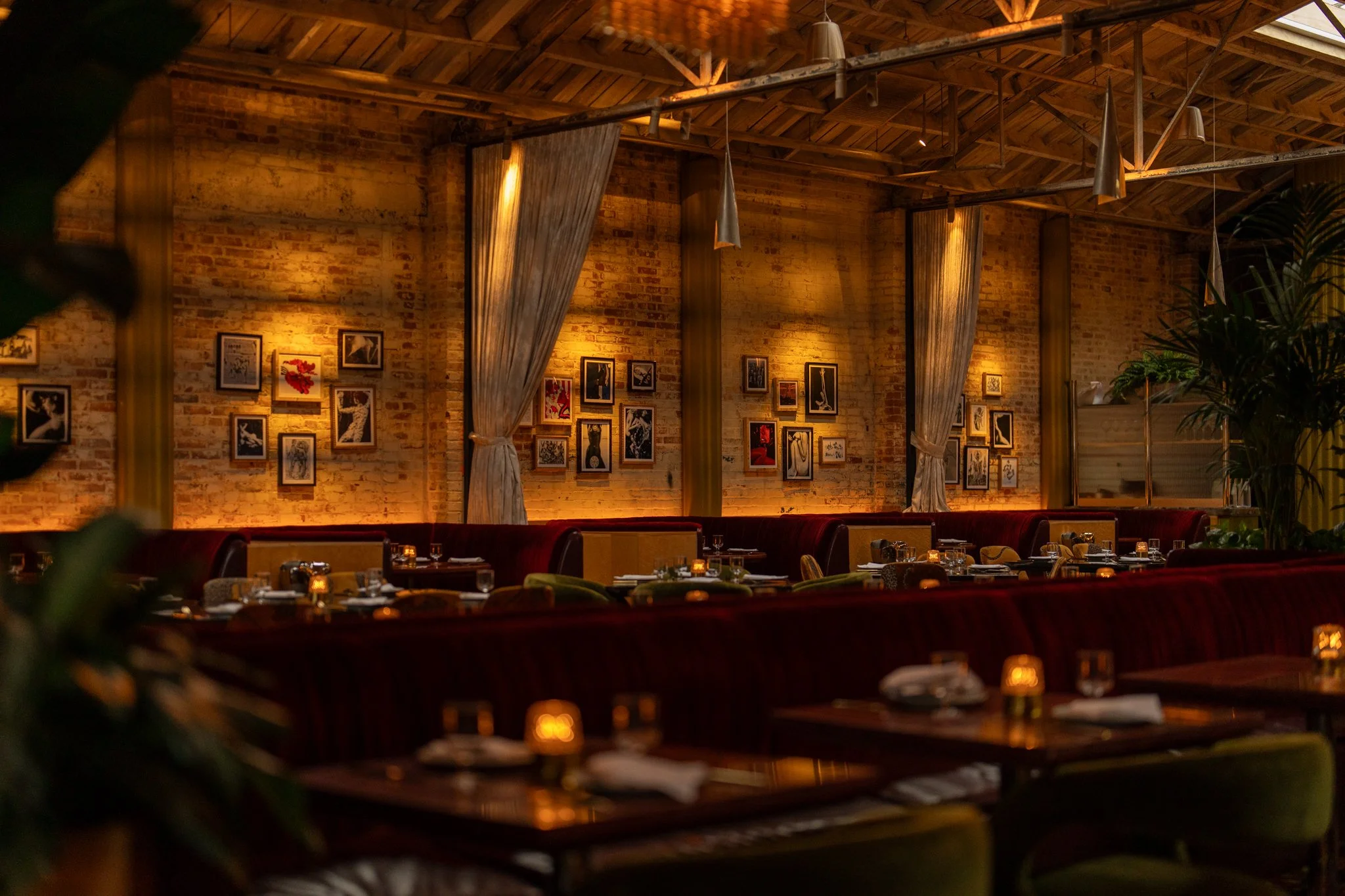 Interior of Le Coq restaurant with brick walls, framed art, green plants, and rows of tables set with plates, glasses, napkins, and small candles.