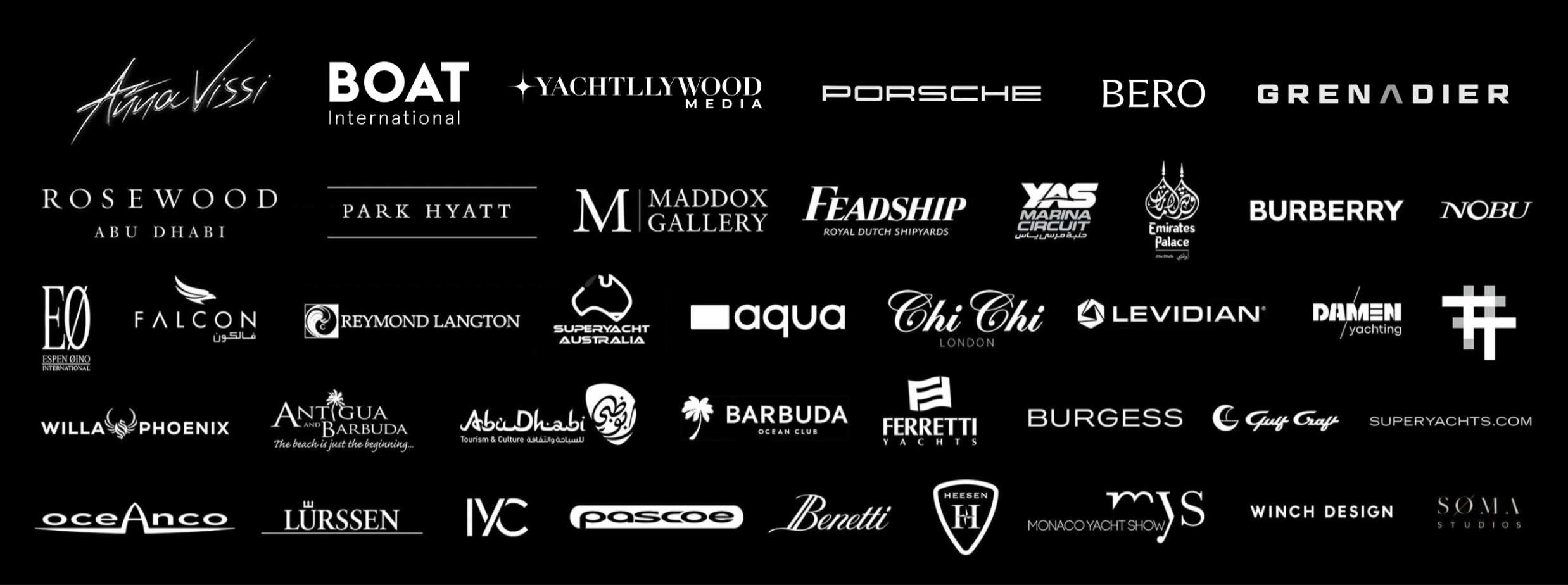 A black background with multiple white logos and company names related to luxury yachts, fashion, and lifestyle brands.