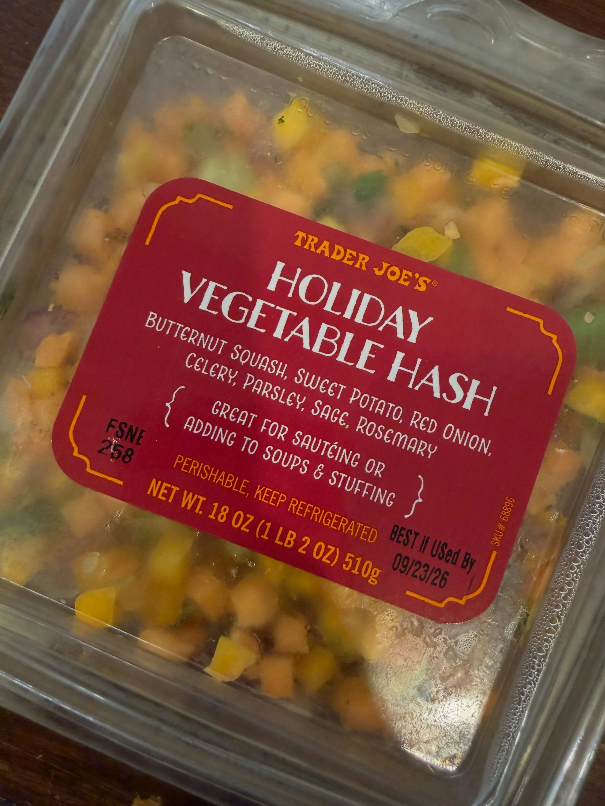 The easiest soup in the history of soup, just in time for a chilly, rainy day. Start with a container of Holiday Hash from Trader Joes. Heat a tablespoon of olive oil or butter in a medium pot over medium heat and saut&eacute; the hash mix for 2-3 mi