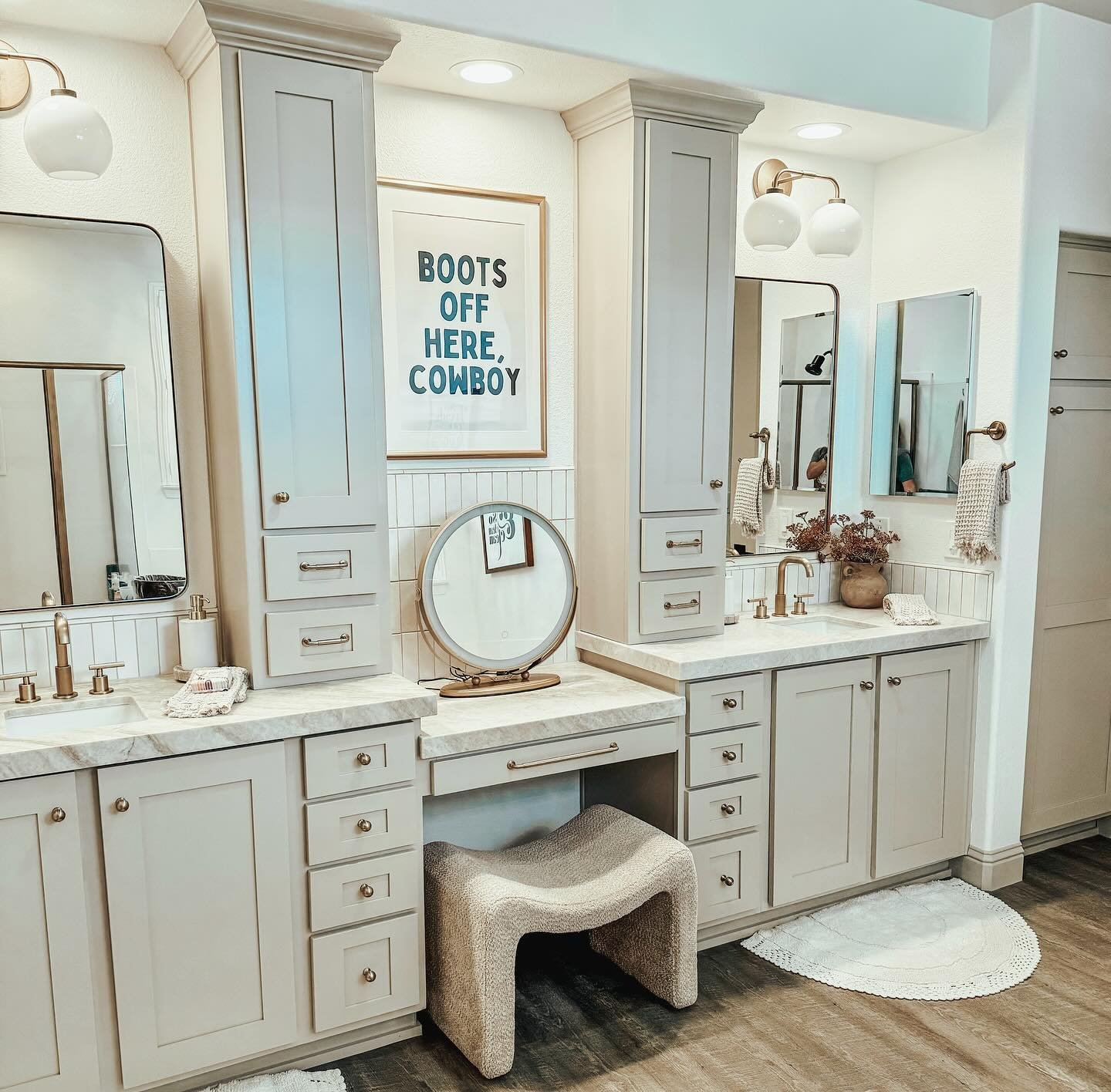 This is a &ldquo;If you build it they will come&rdquo; kinda manifestation happening in my bathroom!! 😜🤠#funfactfriday #manifestingacowboy #yeehaw #friday #masterbath #cowboytakemeaway #bootsoffherecowboy #bathroom #neutrals #brass #interiors #inte