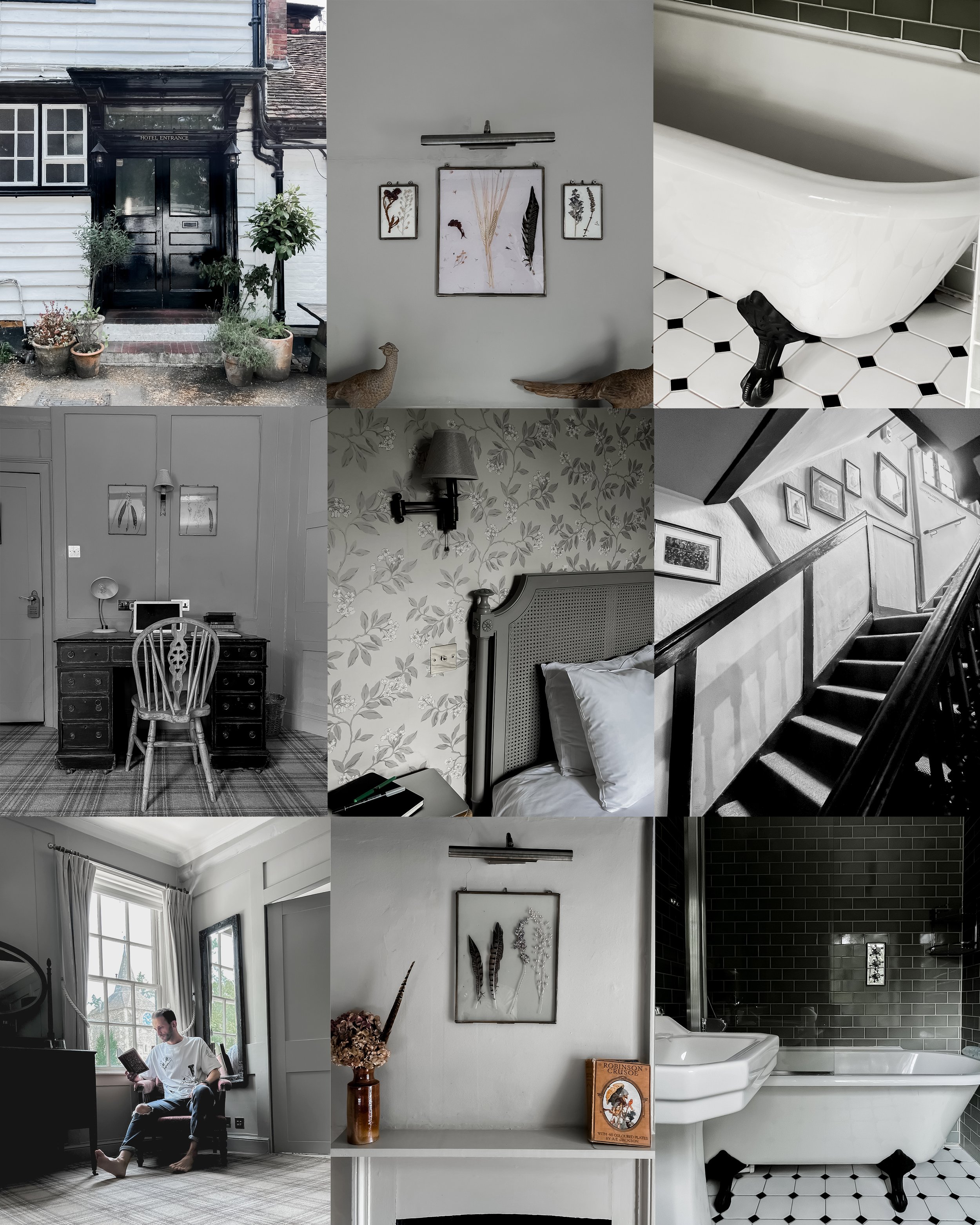 Collage of nine interior and exterior home and hotel scenes, including a front door with potted plants, botanical wall art, a clawfoot tub, a vintage desk and chair, a bedroom with floral wallpaper, a staircase with framed pictures, a man reading by a window, a framed leaf art, and a bathroom with a dark tile wall and vintage tub.