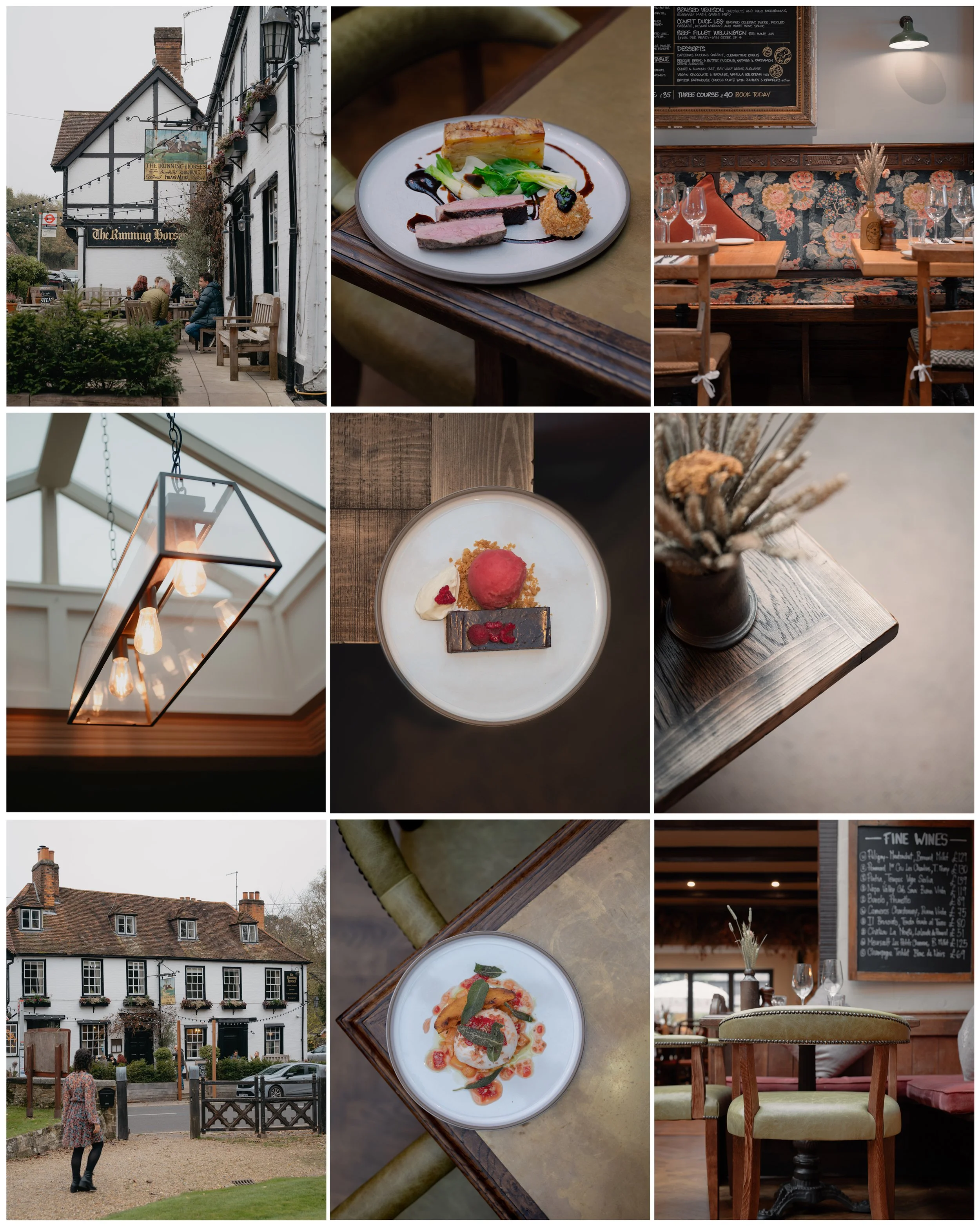 Collage of images featuring a traditional pub, plated gourmet dishes, interior restaurant decor with patterned wallpaper, modern pendant lighting fixture, a dessert plate with sorbet and chocolate, a small floral arrangement on a wooden table, exterior of a historic white cottage with a woman walking nearby, another plated dish with sauce and garnish, and a cozy indoor seating area with a chalkboard menu.