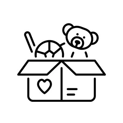 line drawing of toys in a box with a heart