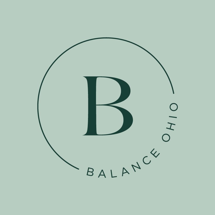 Logo with a large letter B in the center, surrounded by a thin circle and the words "BALANCE OHIO" at the bottom of the circle, on a muted green background.