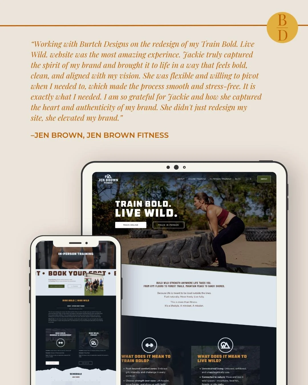 Jen&rsquo;s brand says it all: Train Bold. Live Wild.

The goal with this redesign was to capture that exact energy, bold, powerful, and clear.
We focused on strategy, flow, and a design that supports the next chapter of her business.

She trusted me