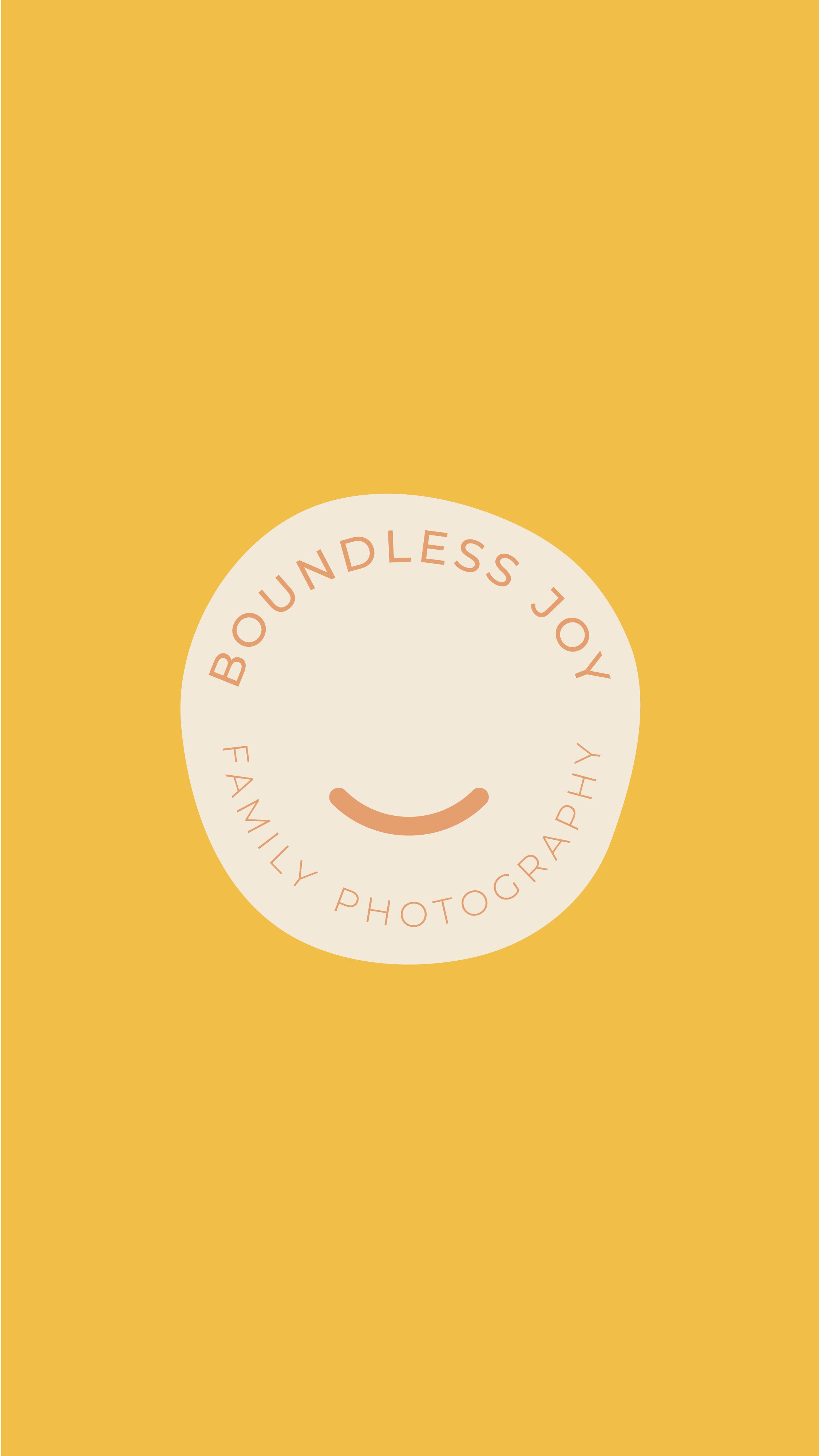 A yellow background with a white circular logo in the center that reads 'BOUNDSLESS JOY FAMILY PHOTOGRAPHY' with a simple curved line resembling a smile in the middle.