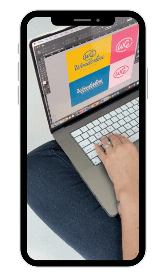 Jackie on a laptop with a fun and creative brand design for "Wonderline Creative" in yellow, blue, and pink colors.