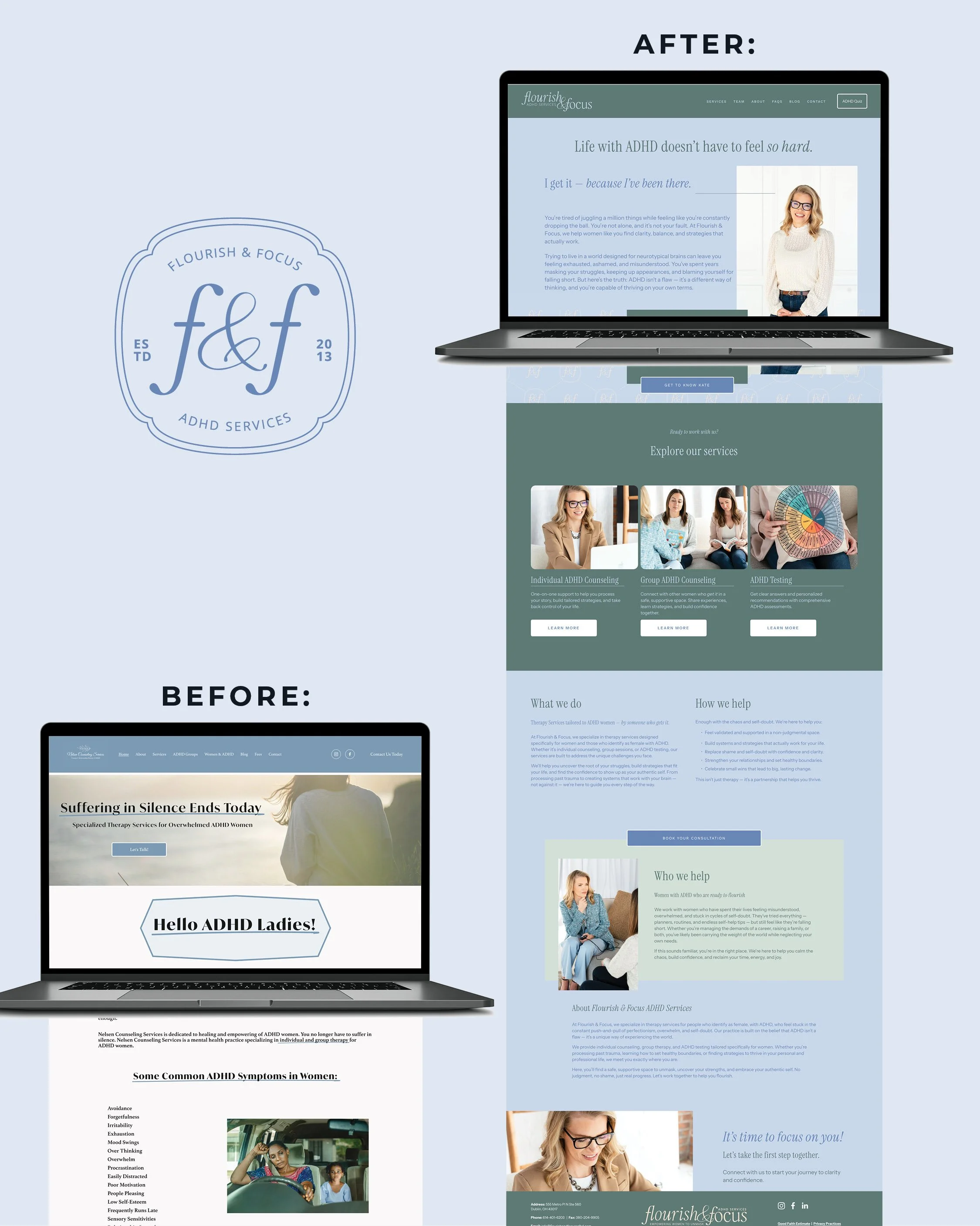 Comparison of before and after screenshots of a website for ADHD services, featuring the logo "f&f ADHD Services," a woman working on a laptop, and a woman with glasses smiling.