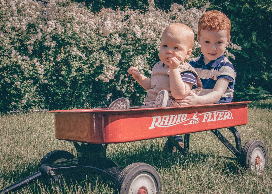 Colin and Shane in wagon
