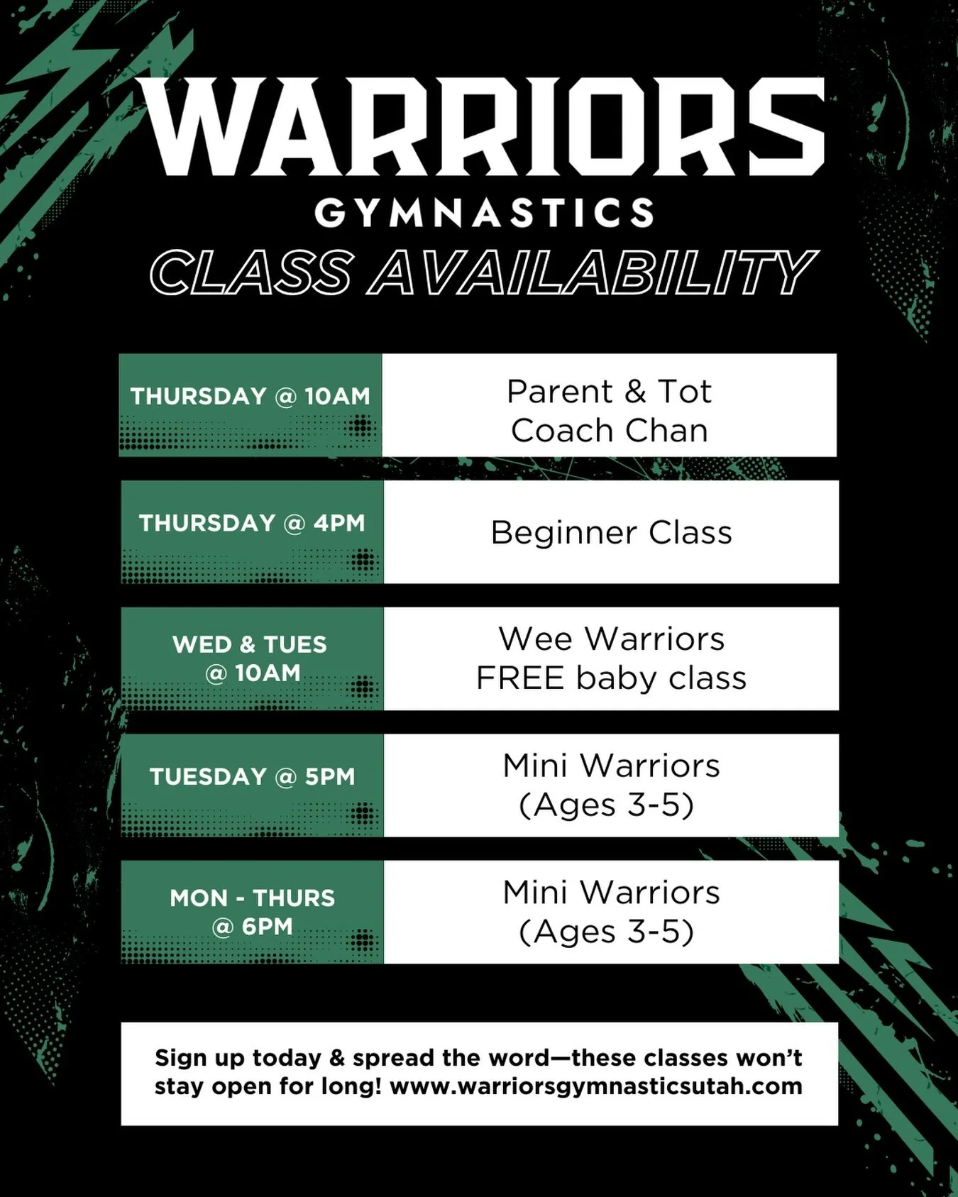 We&rsquo;ve got openings in some of our most popular classes, but they won&rsquo;t last long!💚🖤

If you&rsquo;ve been thinking about joining the Warriors family or adding another class to your schedule, now is the time.

These classes fill up fast,