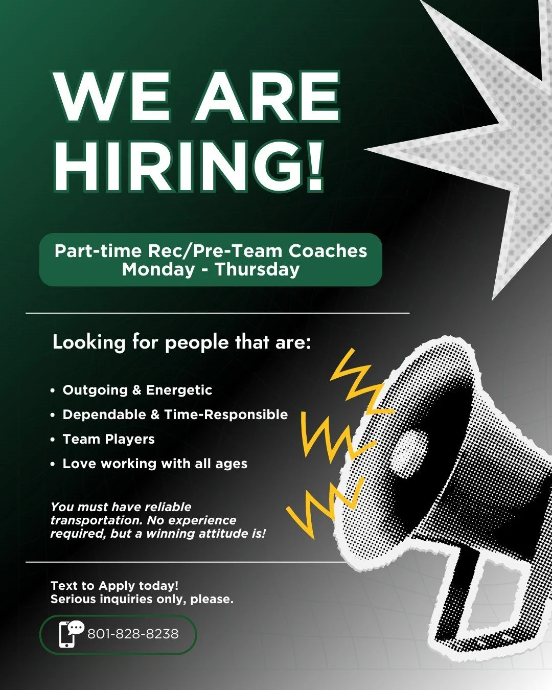 Exciting news!!

Warriors is looking for a part-time coach to join our team! If you love working with young athletes, have a passion for gymnastics, and want to be part of something special, we'd love to hear from you.

Position Details:

📍 Monday&n