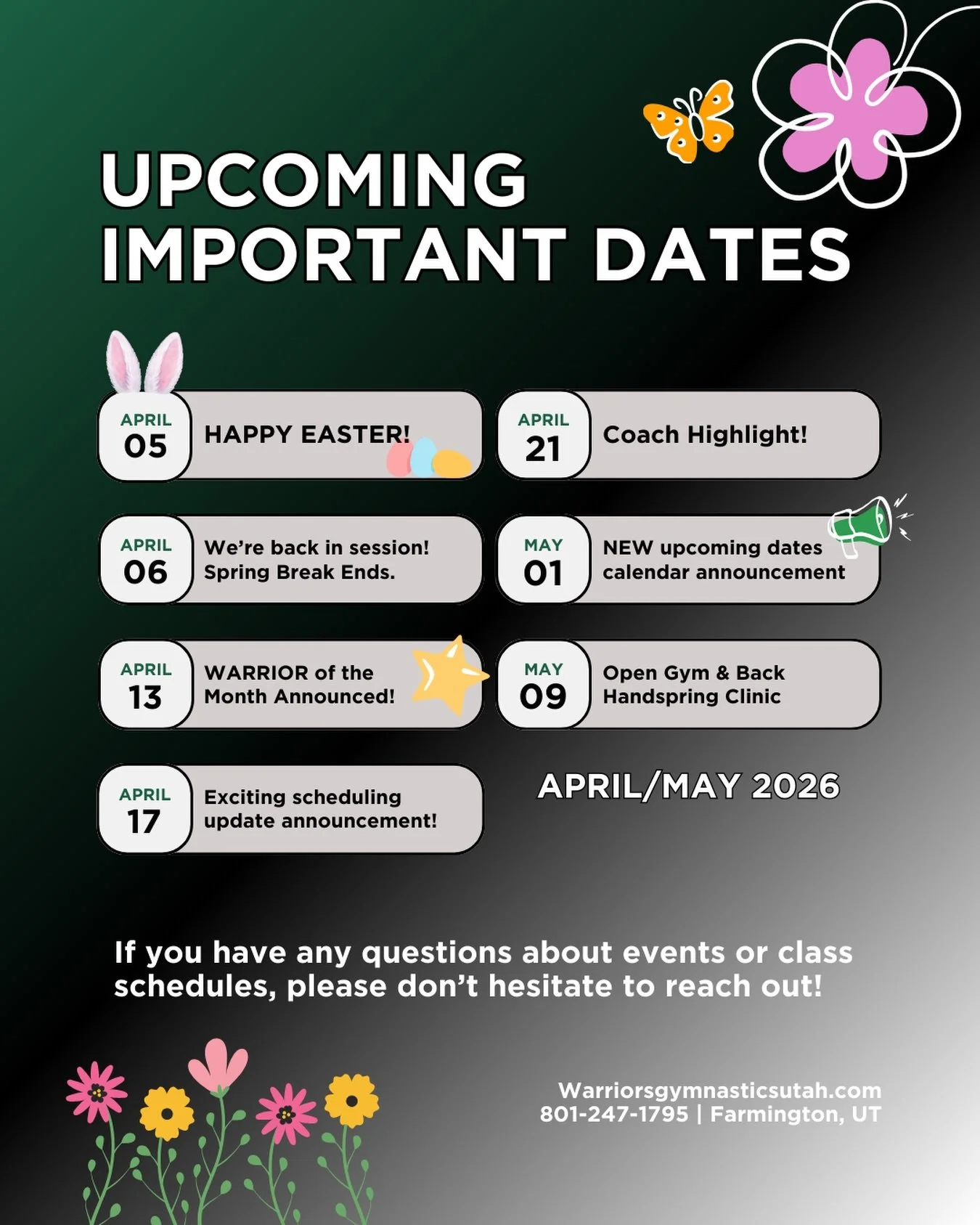 It&rsquo;s that time again!

We&rsquo;ve officially entered the month of April, which means it&rsquo;s time to share this month&rsquo;s key dates so our Warriors families can plan ahead. Be sure to save this post and mark your calendars so you feel p