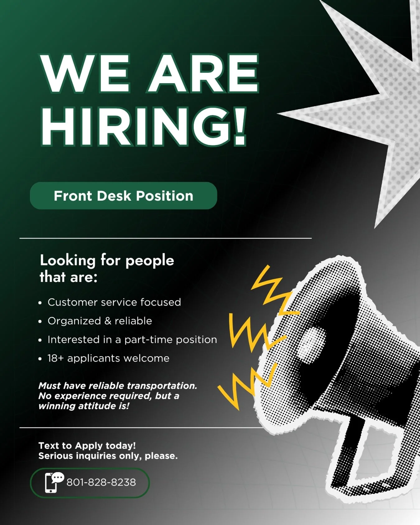 We&rsquo;re hiring! 💚

Warriors Gymnastics is looking for a part-time Front Desk team member to join our community. We&rsquo;re searching for someone who is customer service-focused, organized, reliable, and excited to help create a welcoming enviro