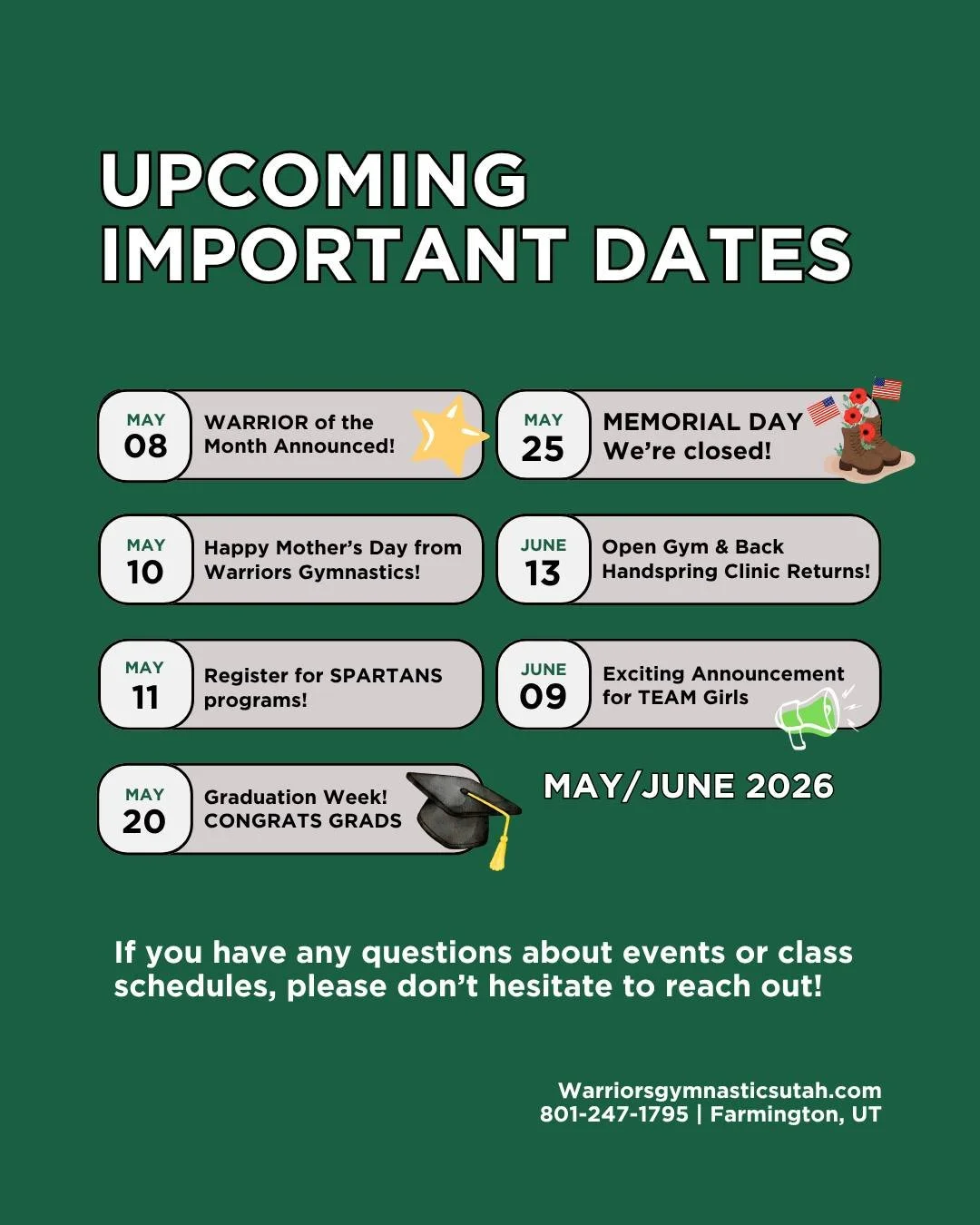 It&rsquo;s that time again, our upcoming dates are here to help you plan ahead for the next several weeks at Warriors Gymnastics!

Be sure to save this post and mark your calendars for important events, schedule updates, and upcoming announcements. W