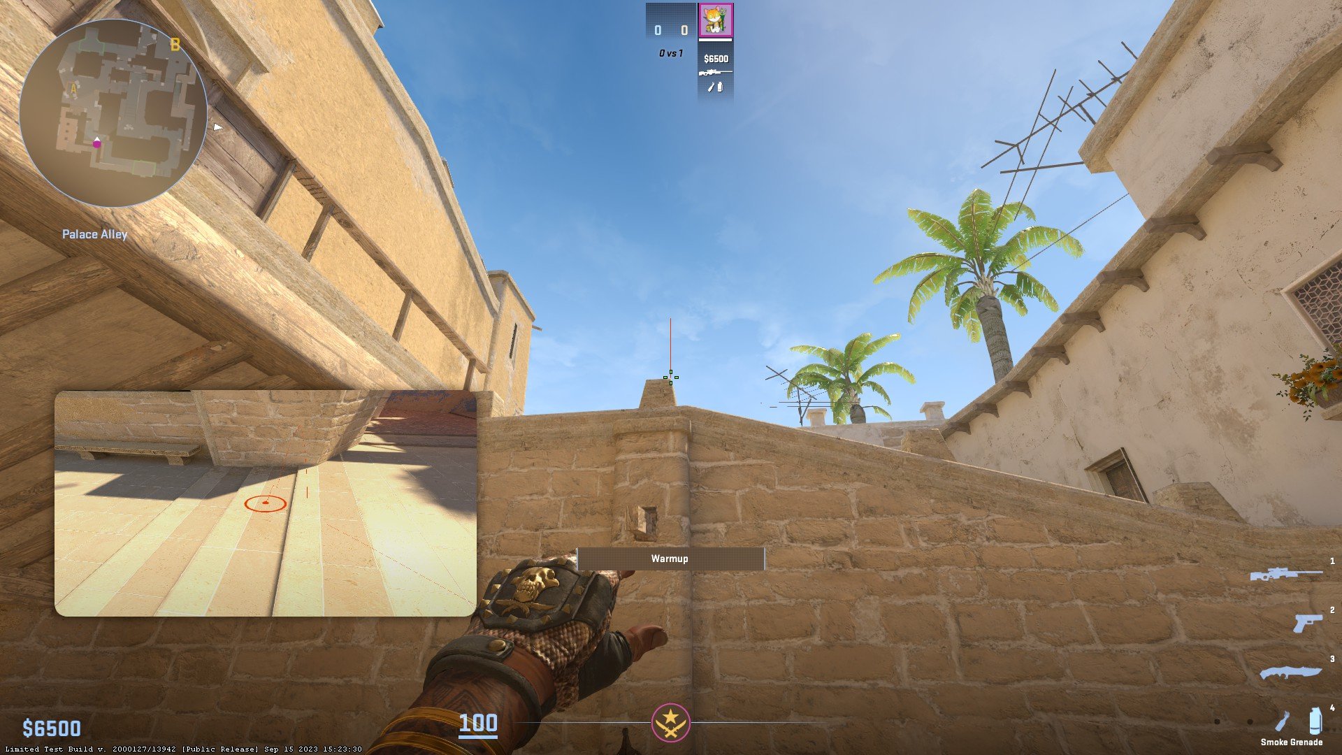 Aim at the top right part and throw the smoke