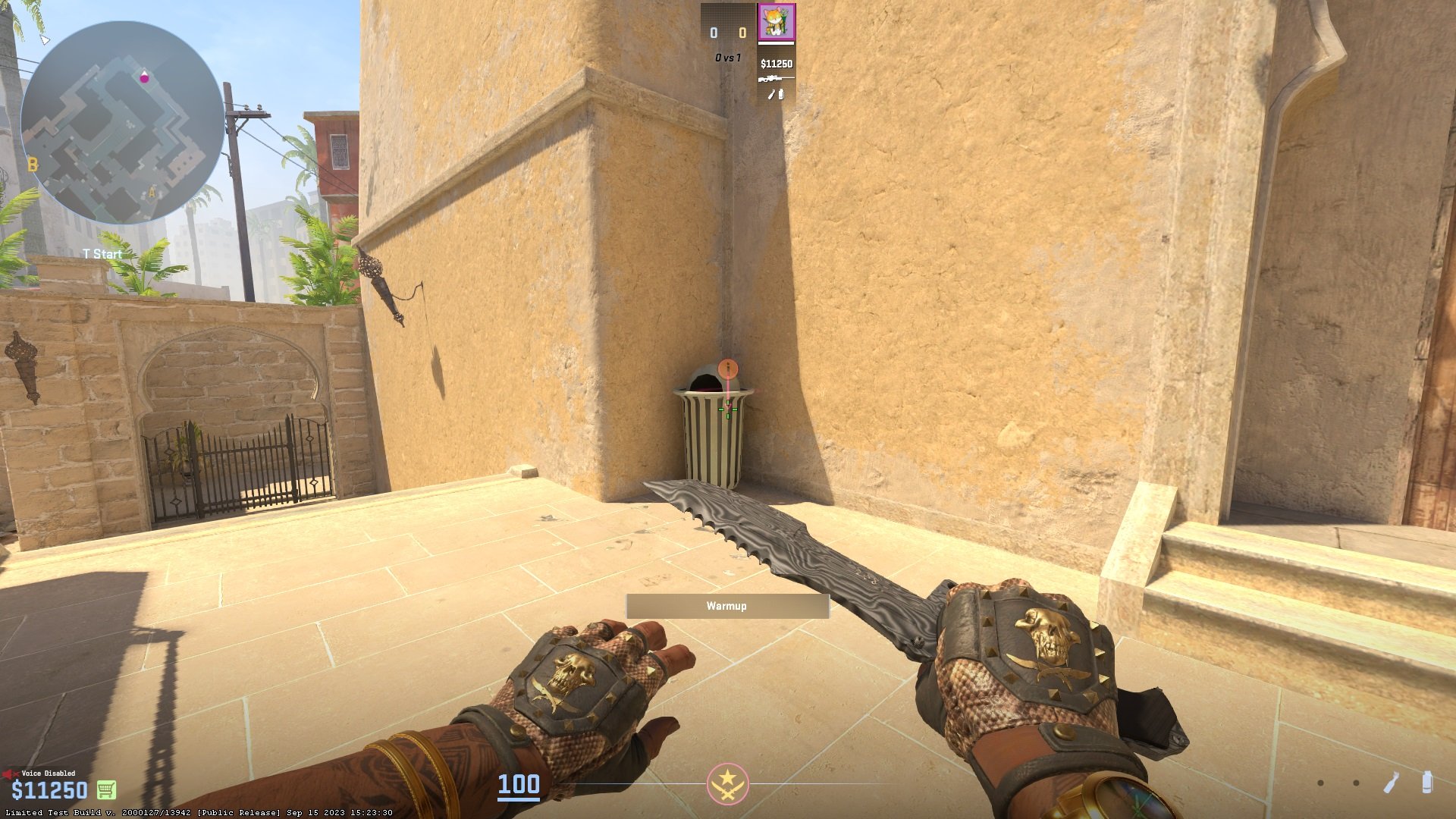 Stand besides the trash can.
