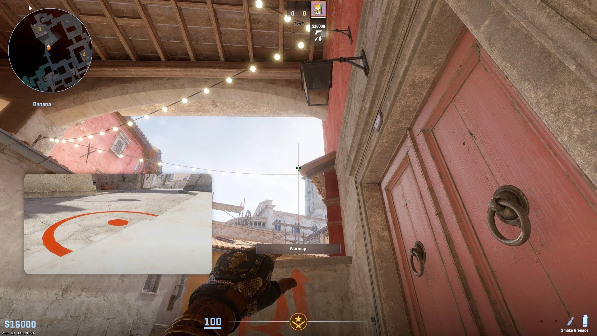 Aim at the left of this roof and simply throw the smoke.