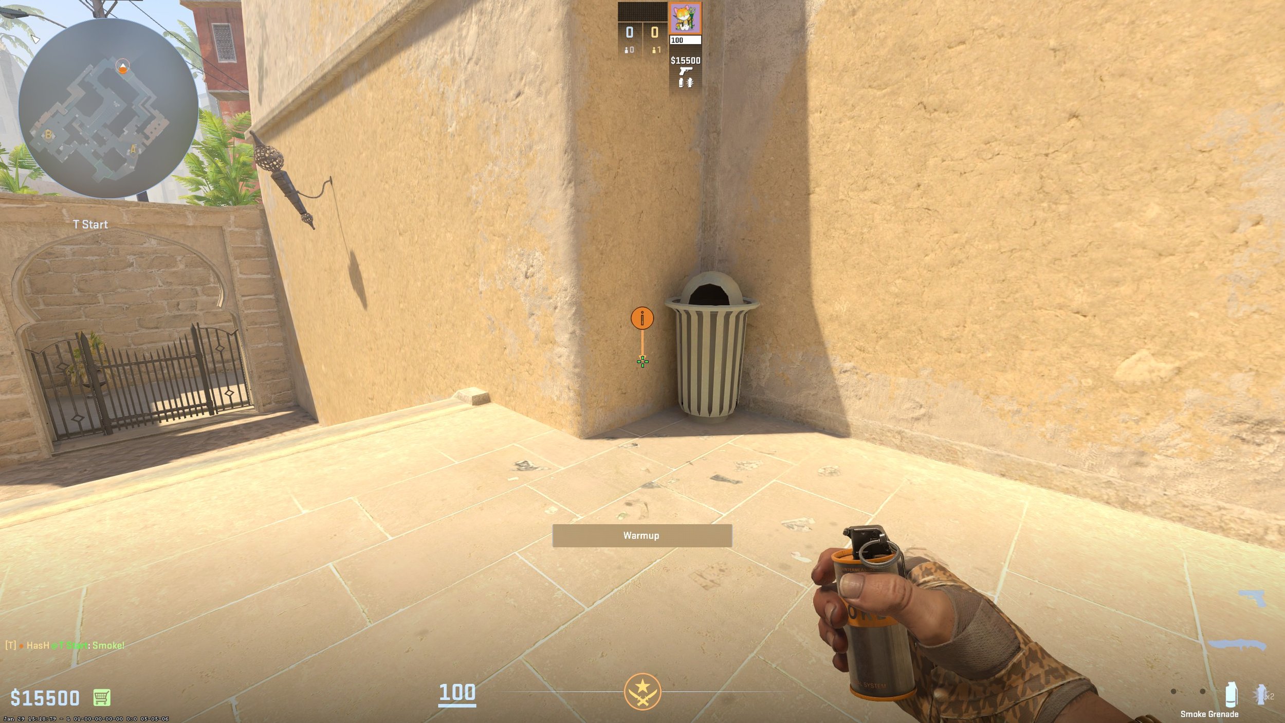 Stand in front of the trash can.