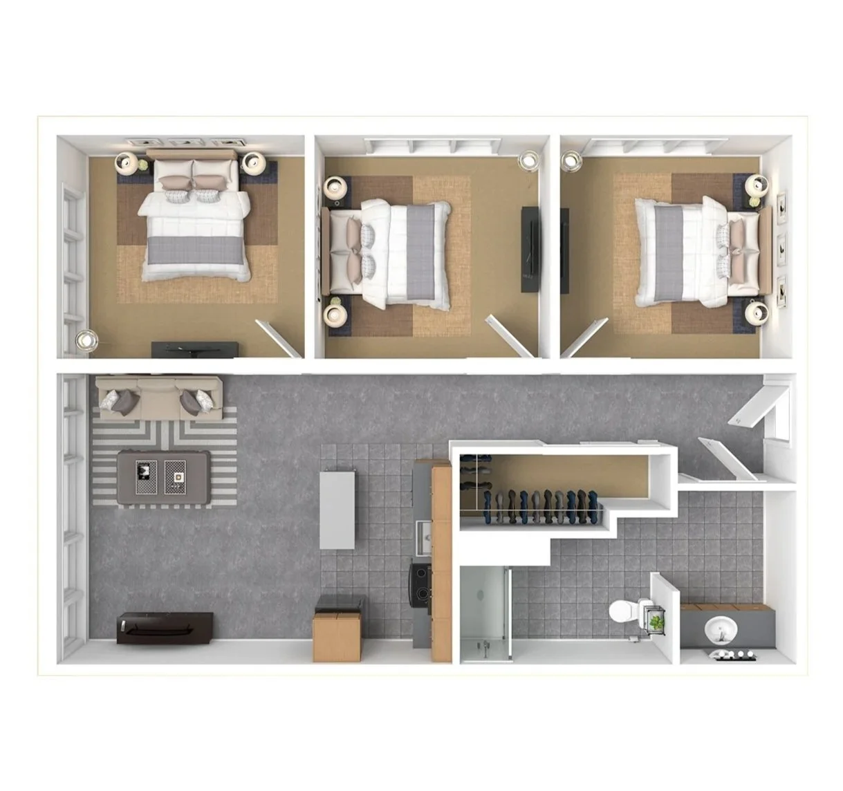 Top-down view of a small apartment with three bedrooms at the top, a living room and kitchen on the bottom left, and bathroom on the bottom right.