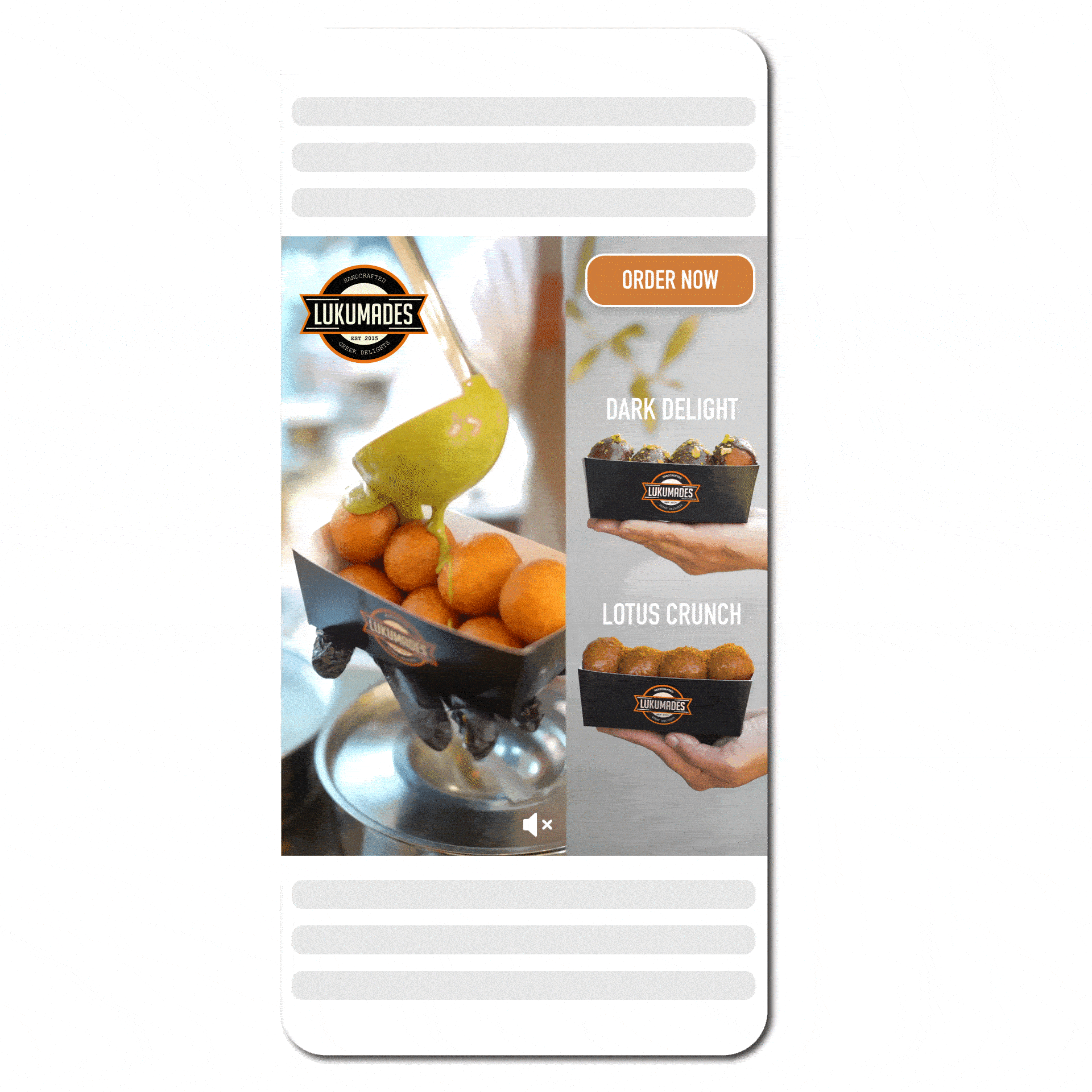 Promotional image for Lukumades featuring two dessert options: "Dark Delight" and "Lotus Crunch." The image shows donut balls with various toppings and a call-to-action button labeled "Order Now."