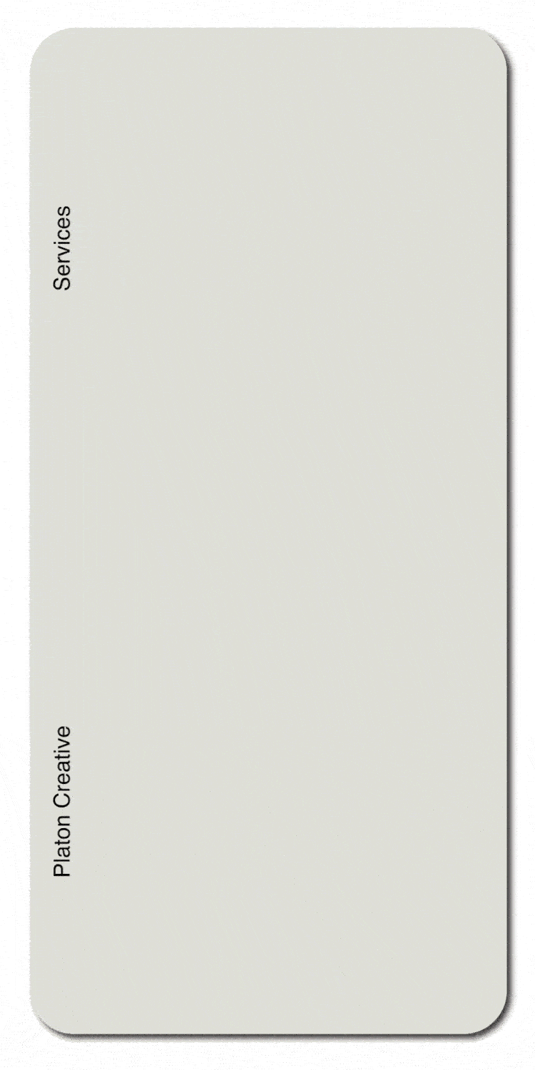 Rotating 3D card with titles including Services, Digital, Content, Design, Strategy, Marketing, and Nerds; labeled as 'Platon Creative.'
